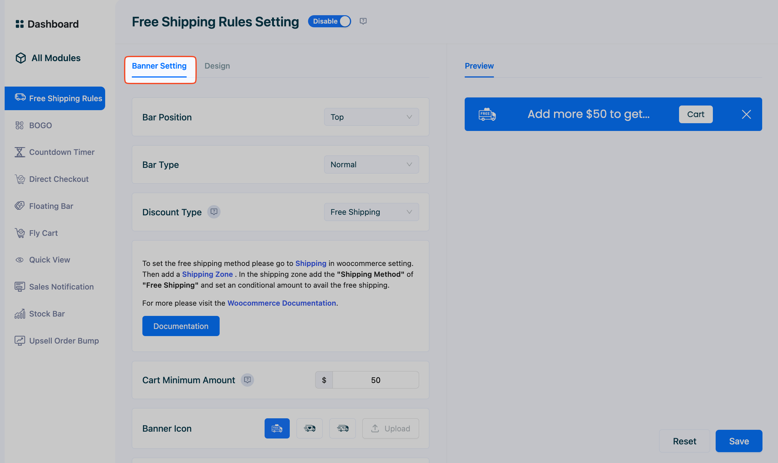 This image highlights the Banner Settings in Free Shipping Rules Module in StoreGrowth