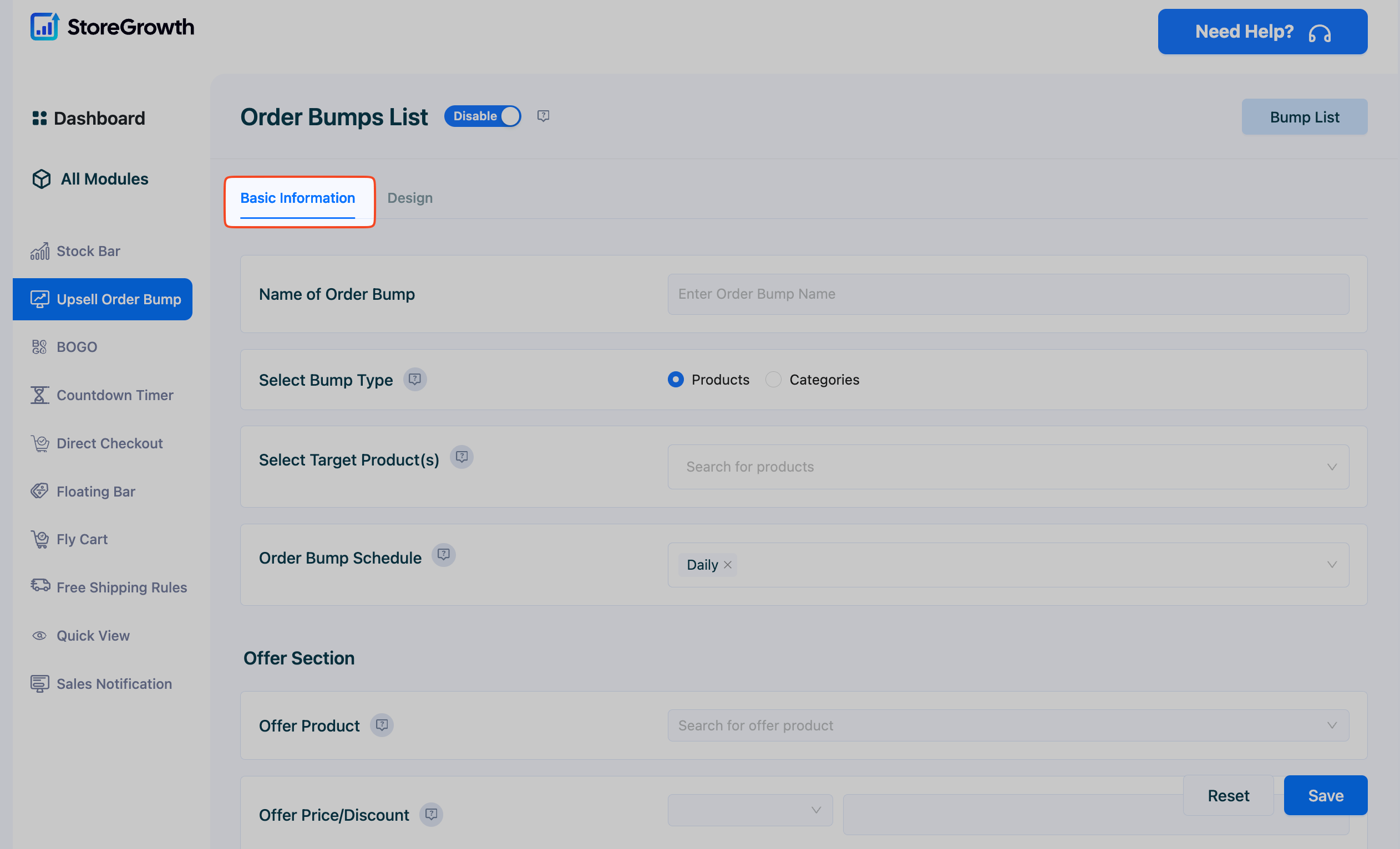 This image highlights the Basic Information settings in the Upsell Order Bump Module in StoreGrowth - Sales Booster for WooCommerce