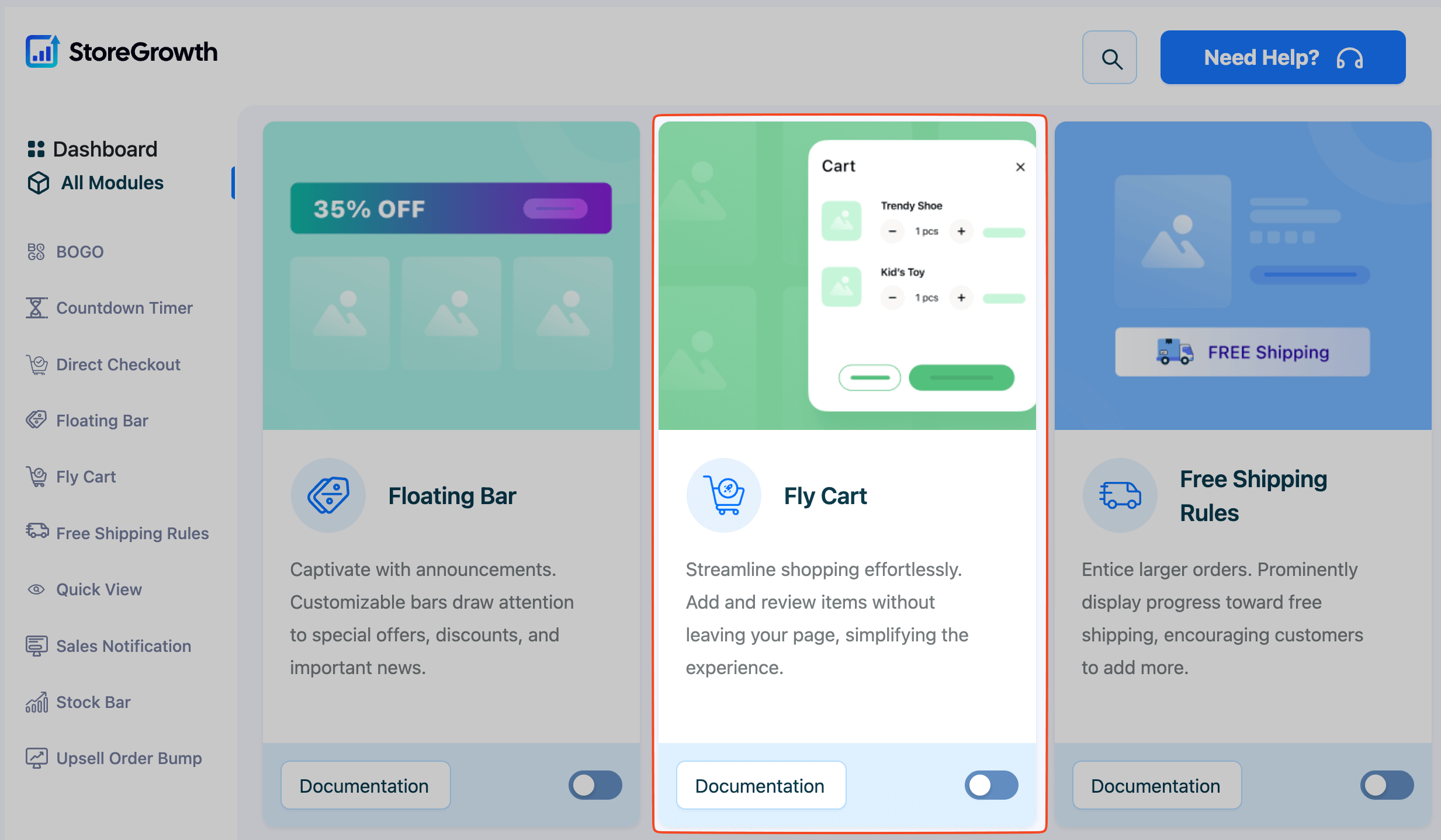 This image highlights the Fly Cart module in StoreGrowth plugin