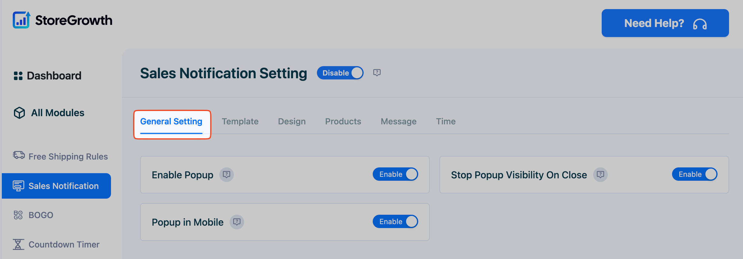 This image highlights the General Settings of the Sales Notification Module in StoreGrowth plugin for WooCommerce