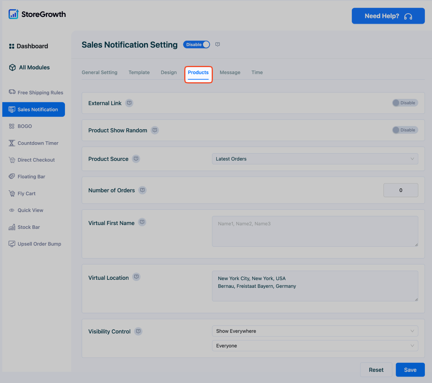 This image highlights the Products settings in the Sales Notification Module in StoreGrowth plugin for WooCommerce