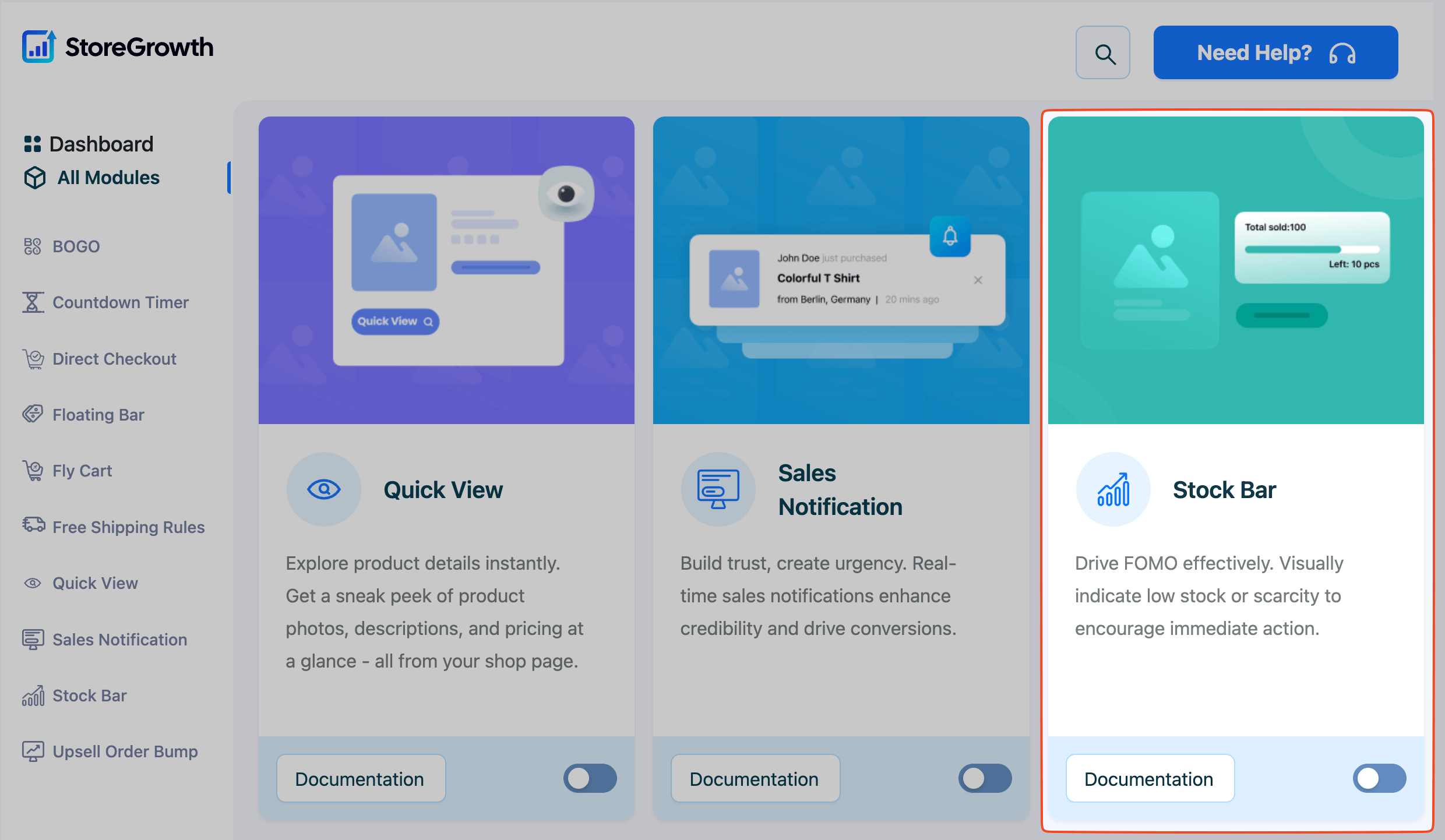 This image highlights the Stock Bar module in StoreGrowth plugin