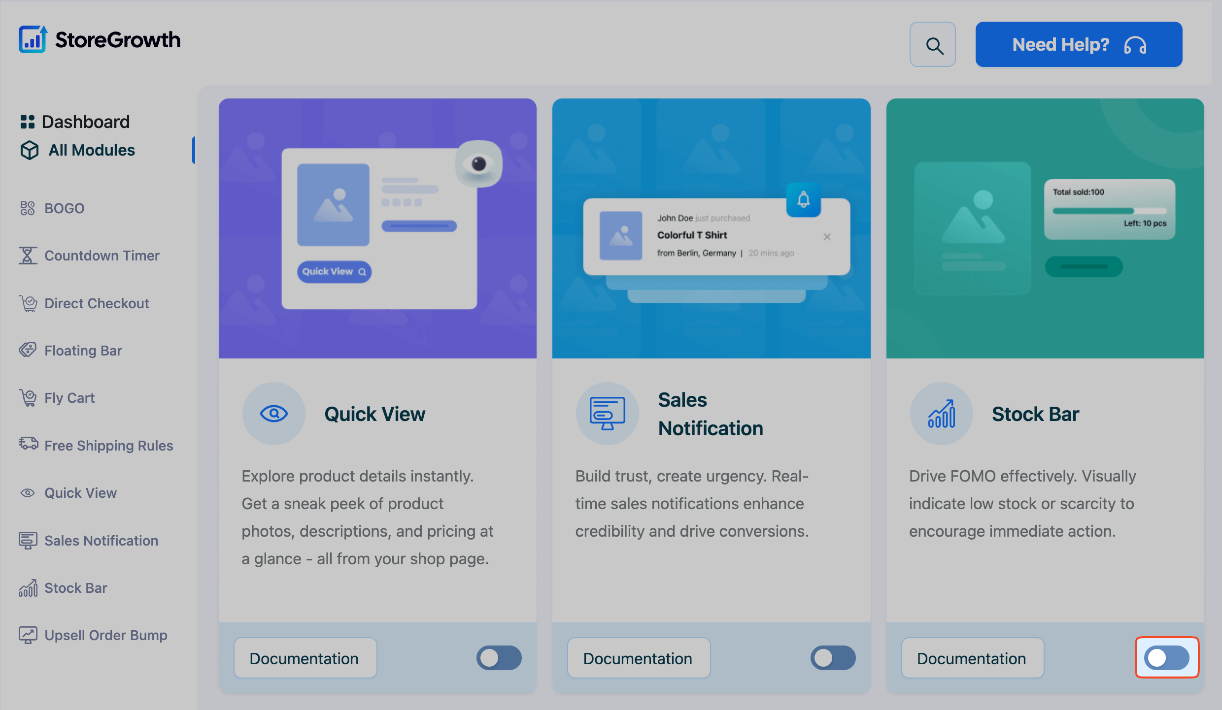 This image highlights the Stock Bar module toggle on off switch in StoreGrowth