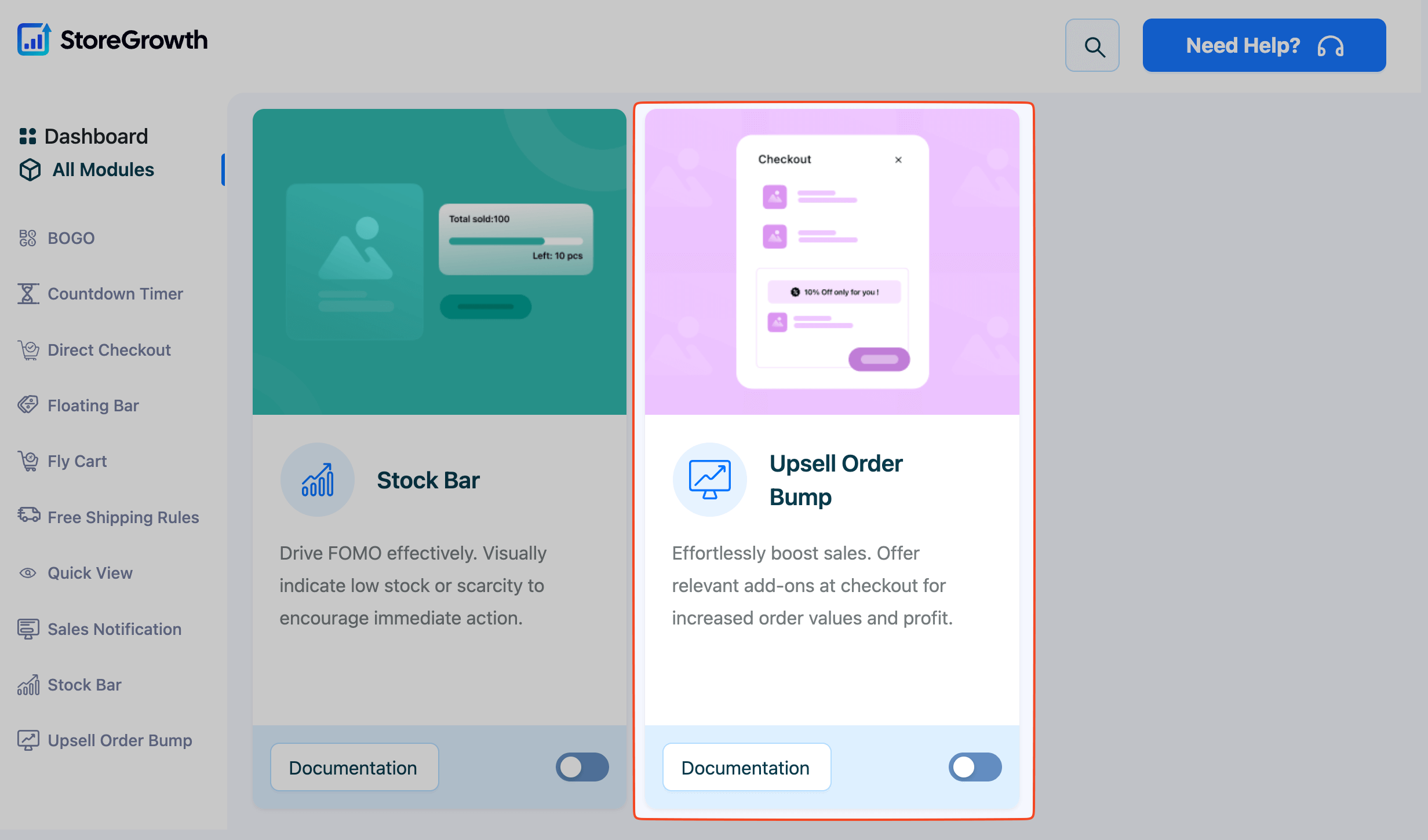This image highlights the Upsell Order Bump module in StoreGrowth plugin
