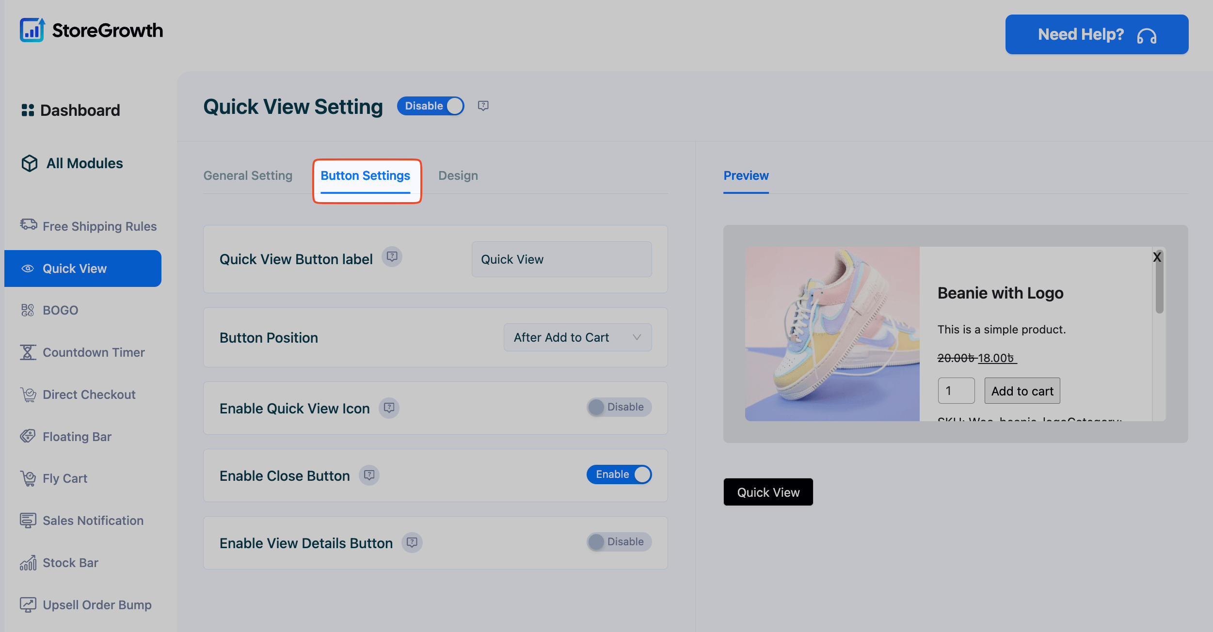 This image highlights the button settings in Quick View Module in StoreGrowth plugin for WooCommerce