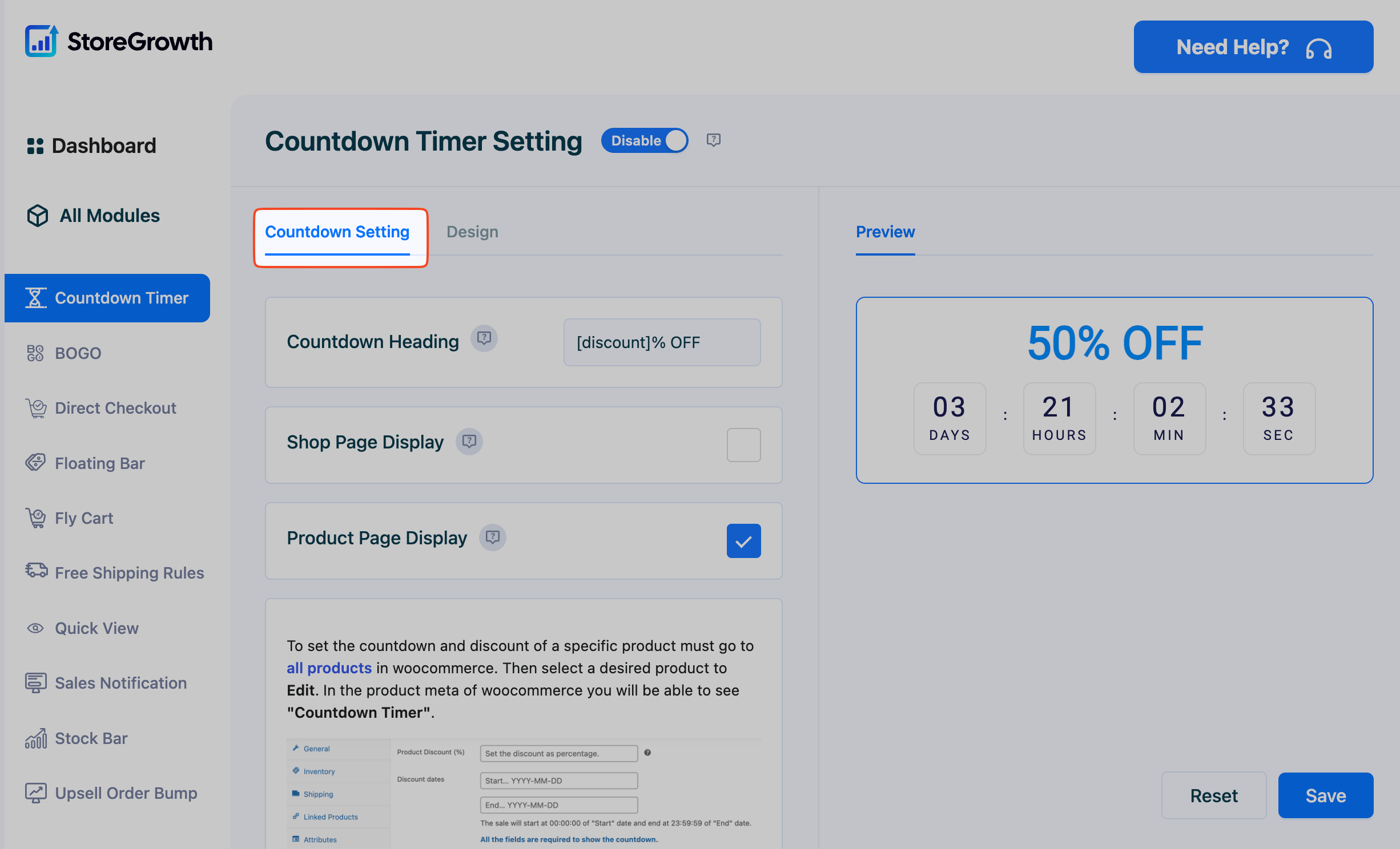 This image shows the CountDown Settings