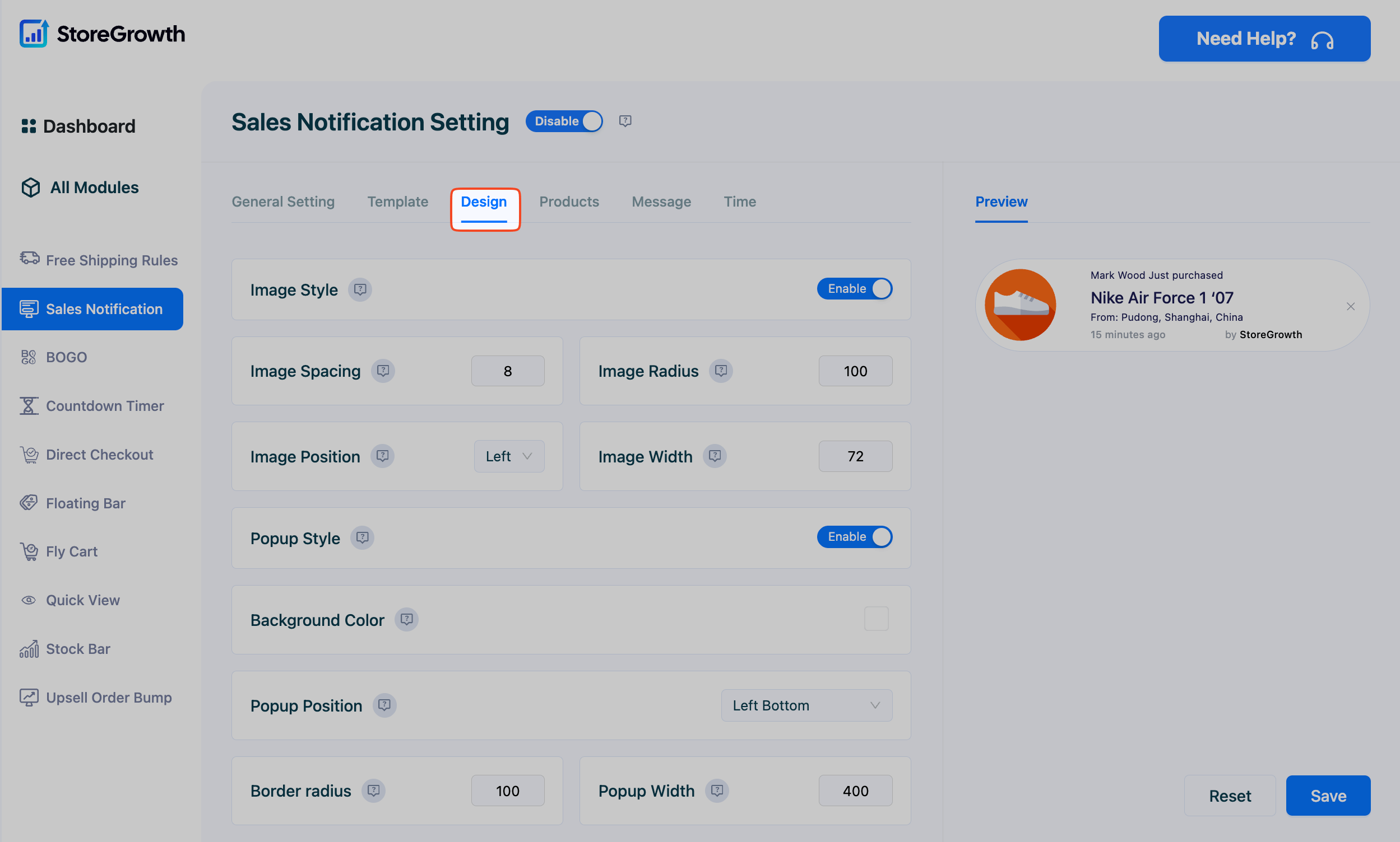 This image highlights the design customization options for Sales Notification Modules in StoreGrowth plugin for WooCommerce