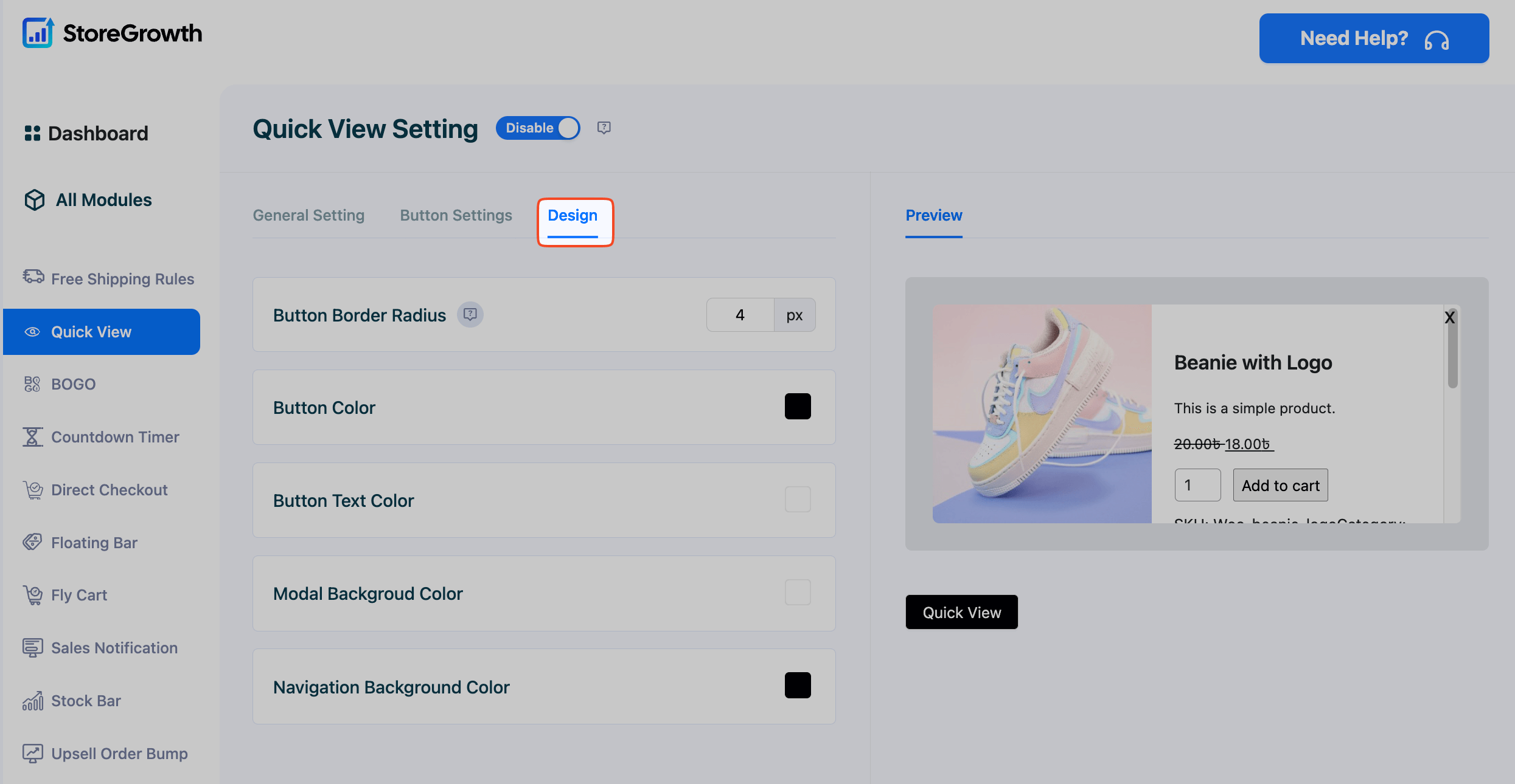 This image highlights the design customization options for the Quick view module in StoreGrowth