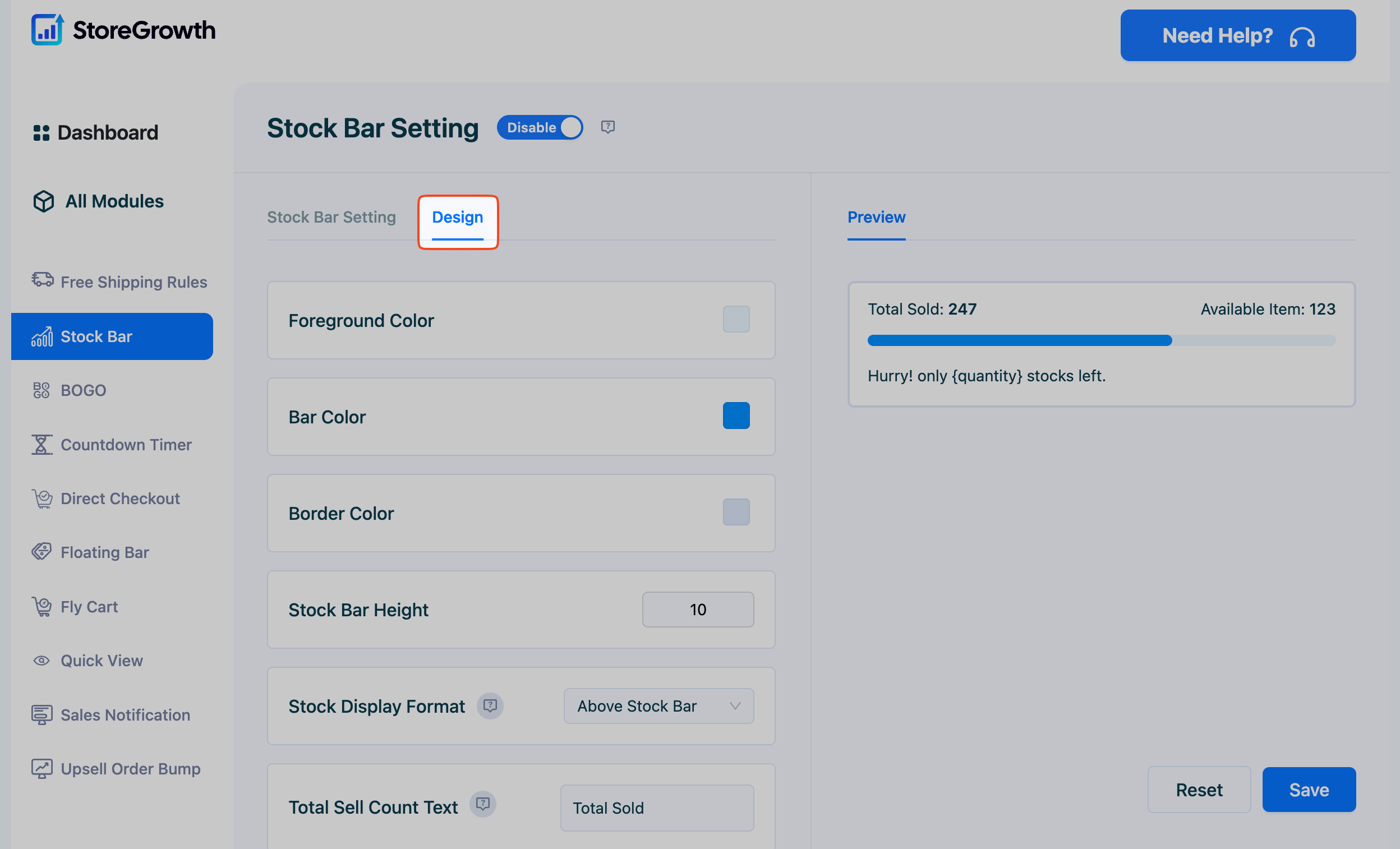 This image highlights the design customization options in Stock Bar Module in StoreGrowth Plugin for WooCommerce