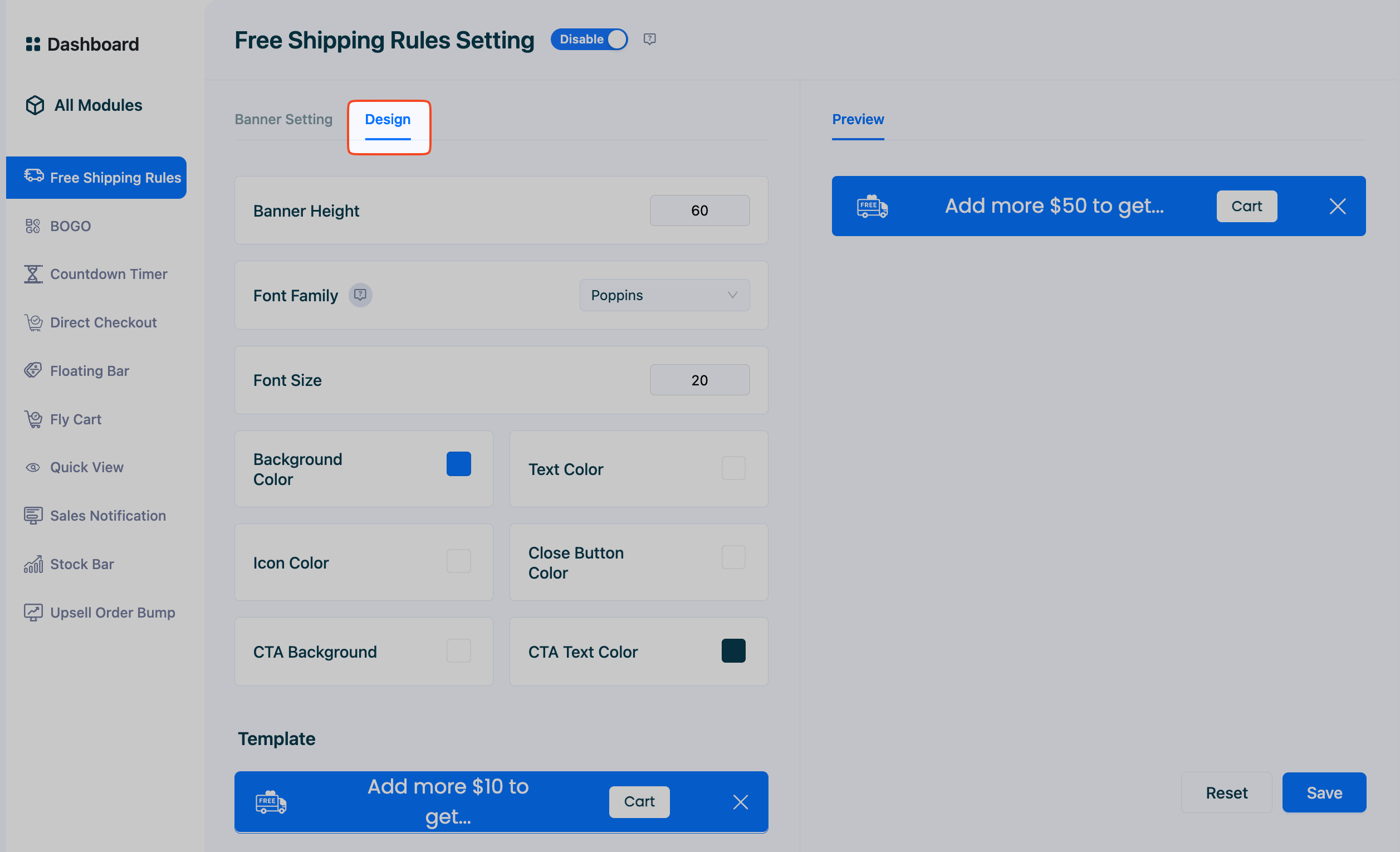 This image highlights the design customization options of the FREE Shipping Rules module in StoreGrowth