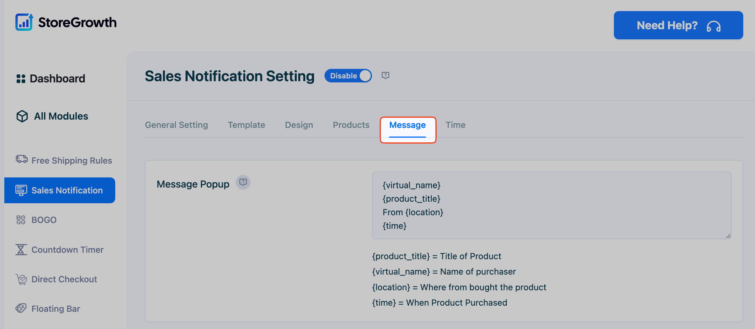 This image highlights the messages tab in the Sales Notification Module in StoreGrowth plugin for WooCommerce