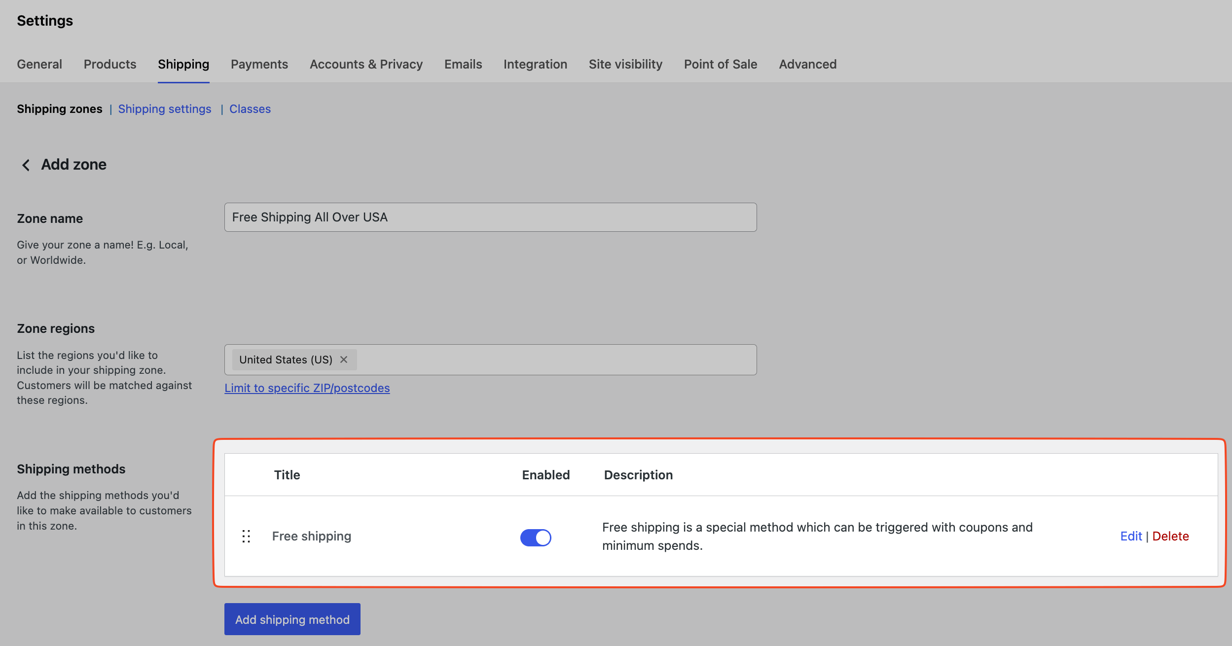 This image highlights the active Shipping Zones in the WooCommerce Shipping settings