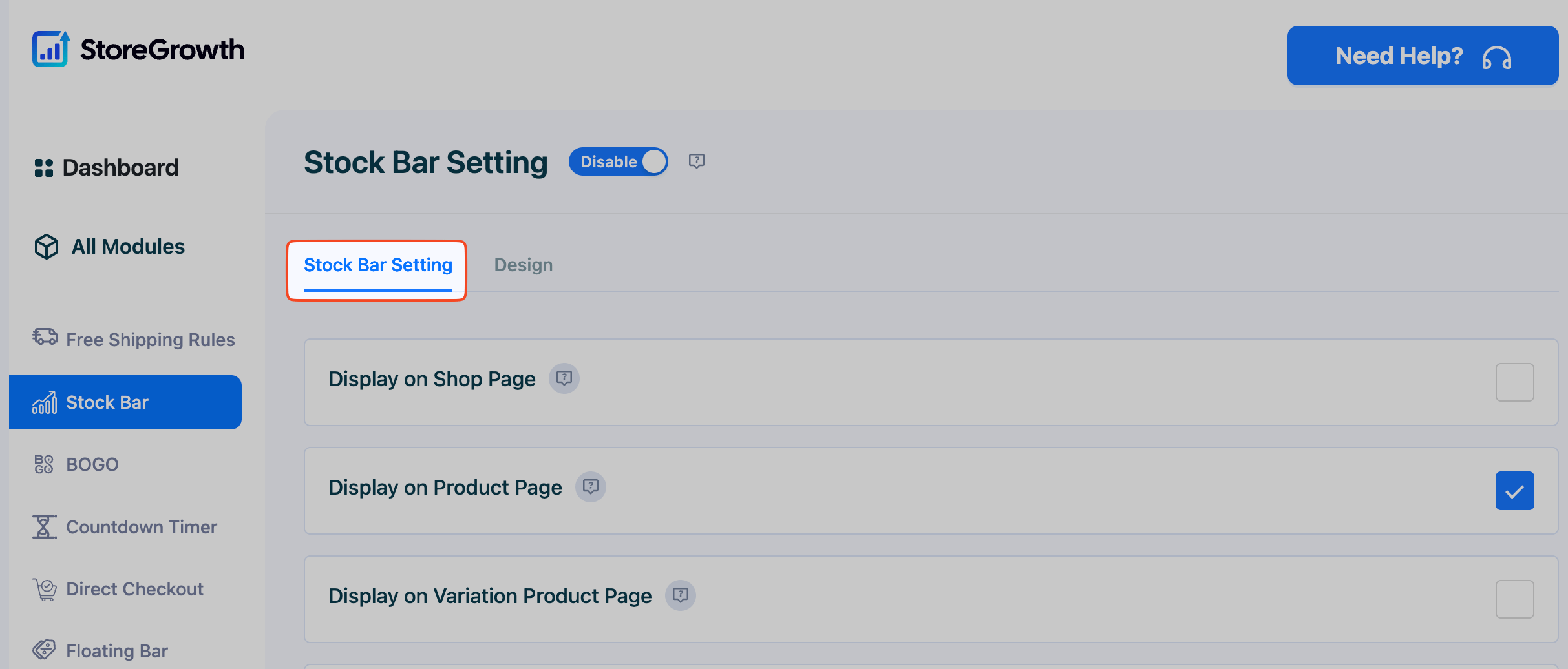 This image highlights the stock bar settings tab in Stock Bar Module in StoreGrowth Plugin for WooCommerce