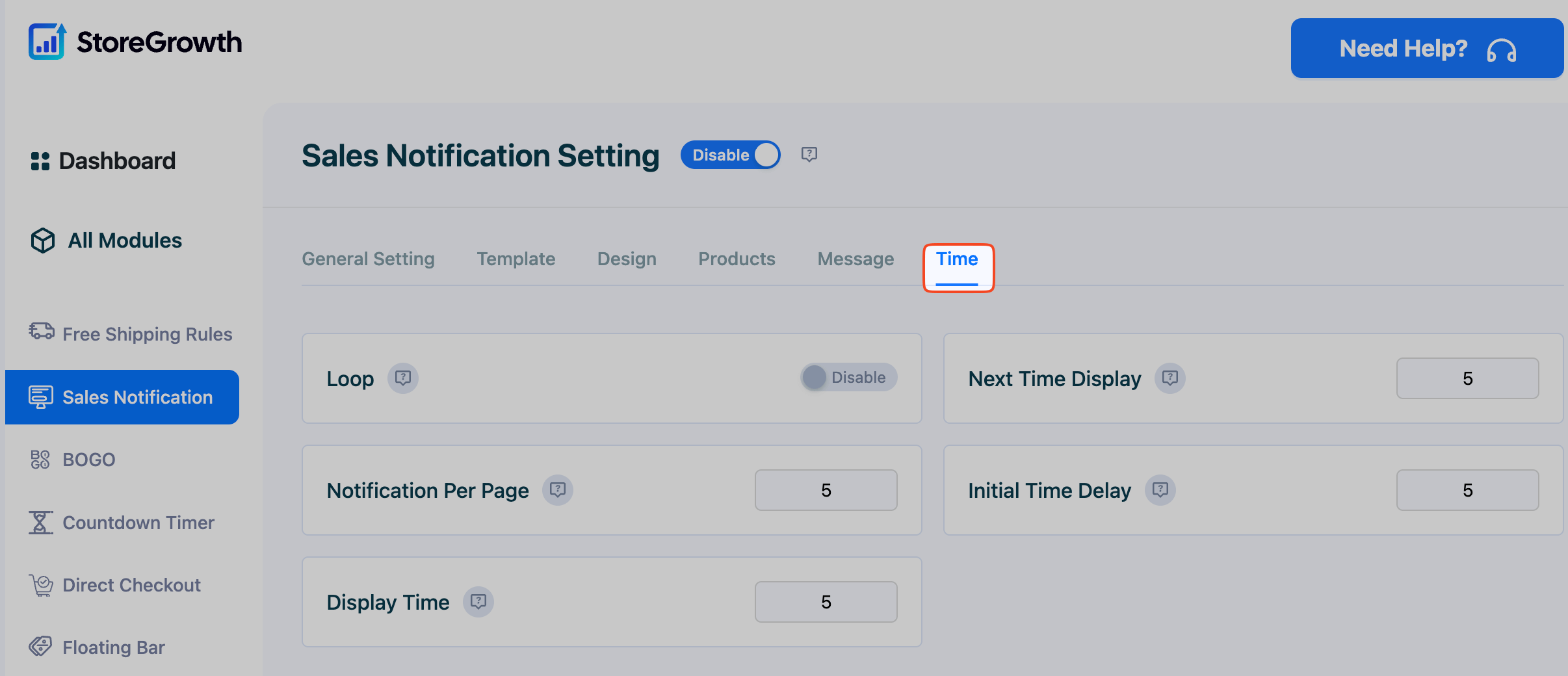 This image highlights the time settings tab in the Sales Notification Module in StoreGrowth plugin for WooCommerce