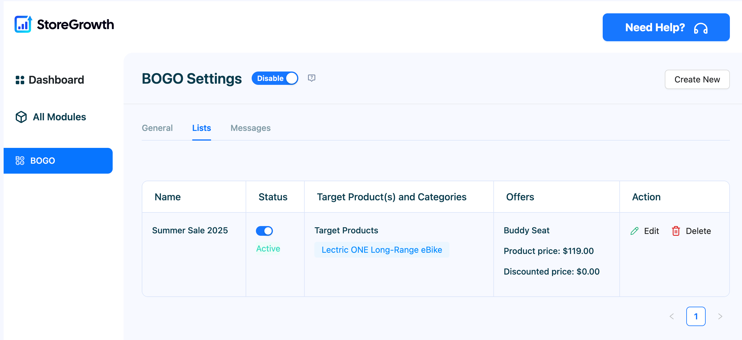This image shows the active BOGO deals in the lists tab