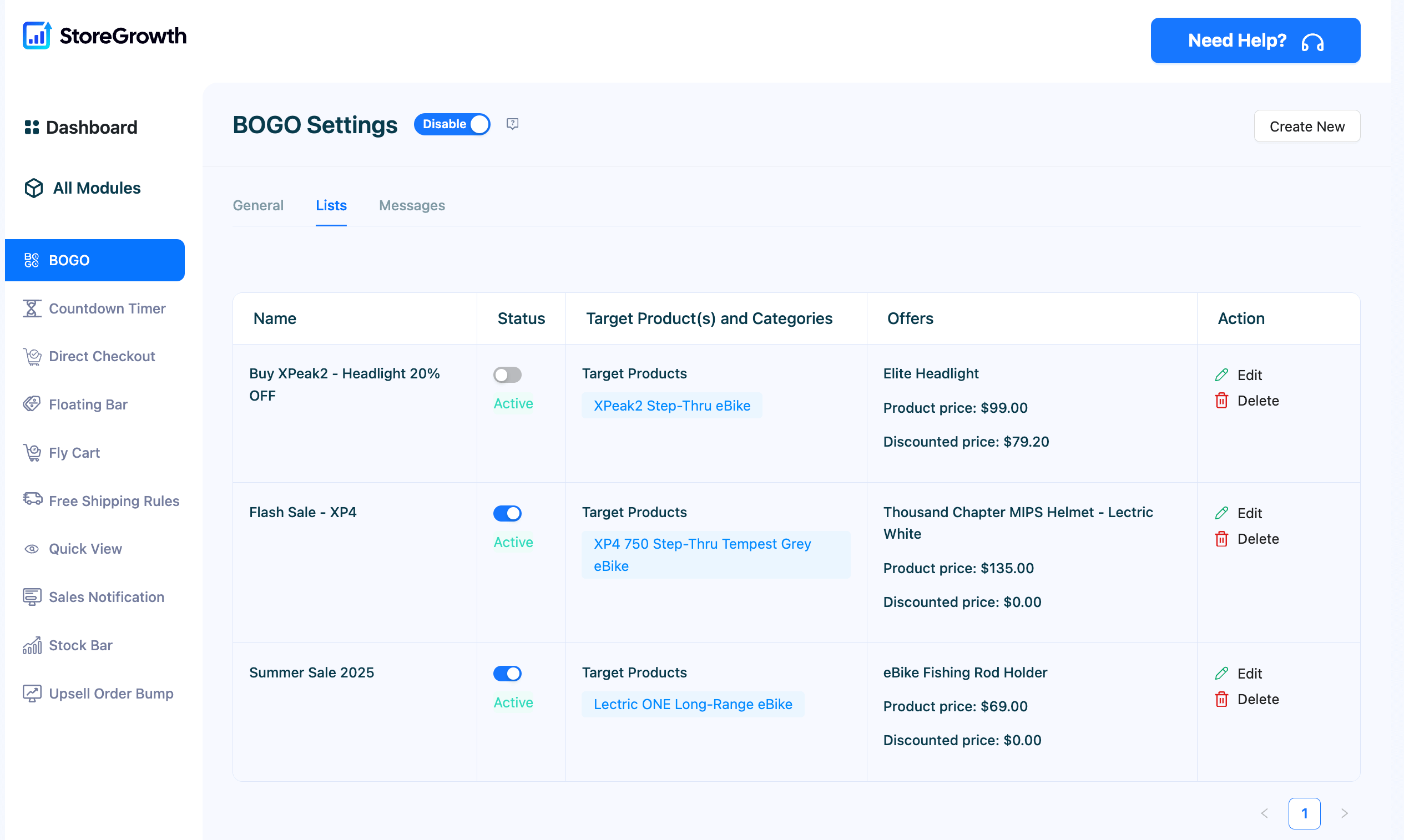 This image shows all the BOGO deals that are active in your StoreGrowth dashboard