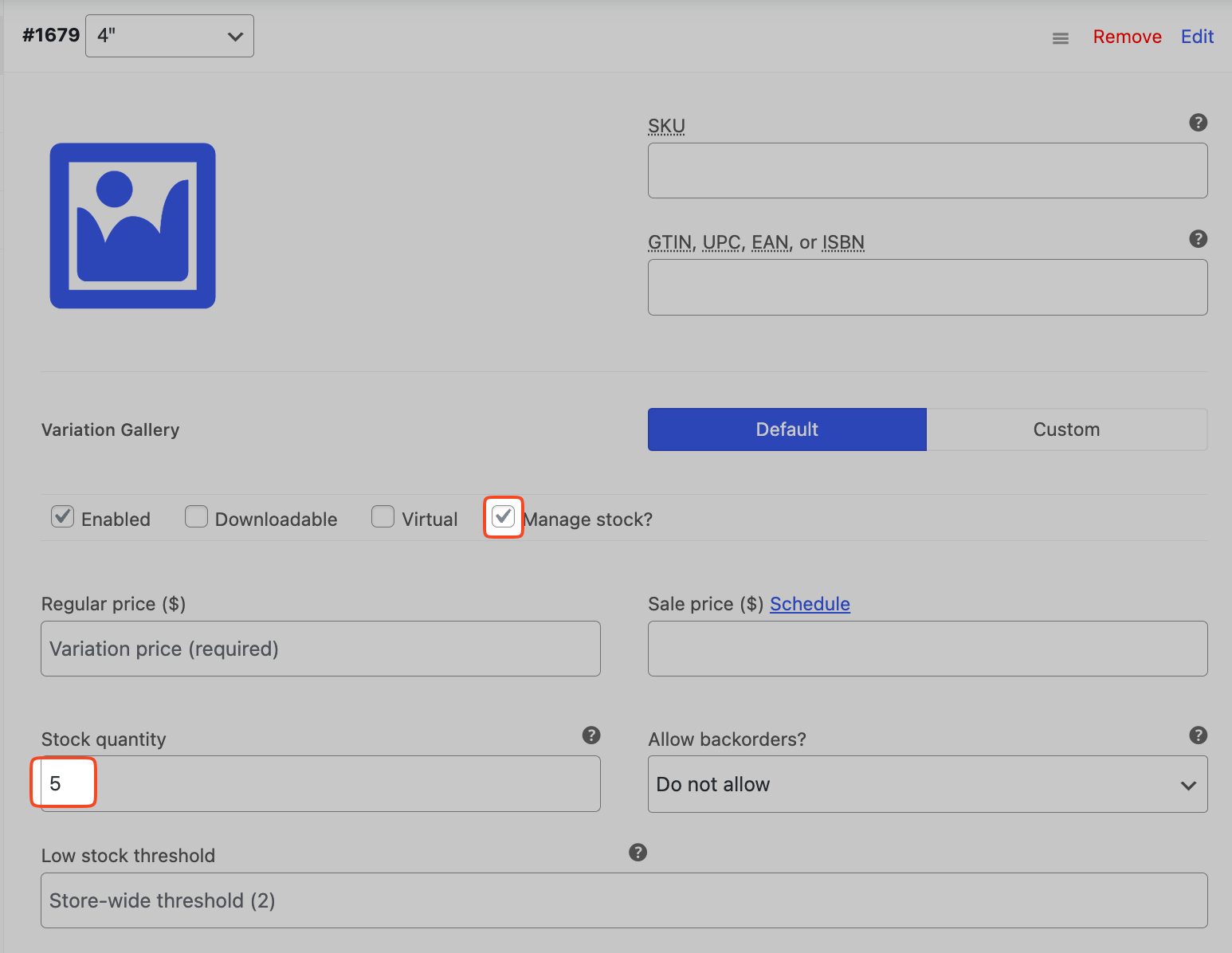 This image shows how to add a stock count in a variable product