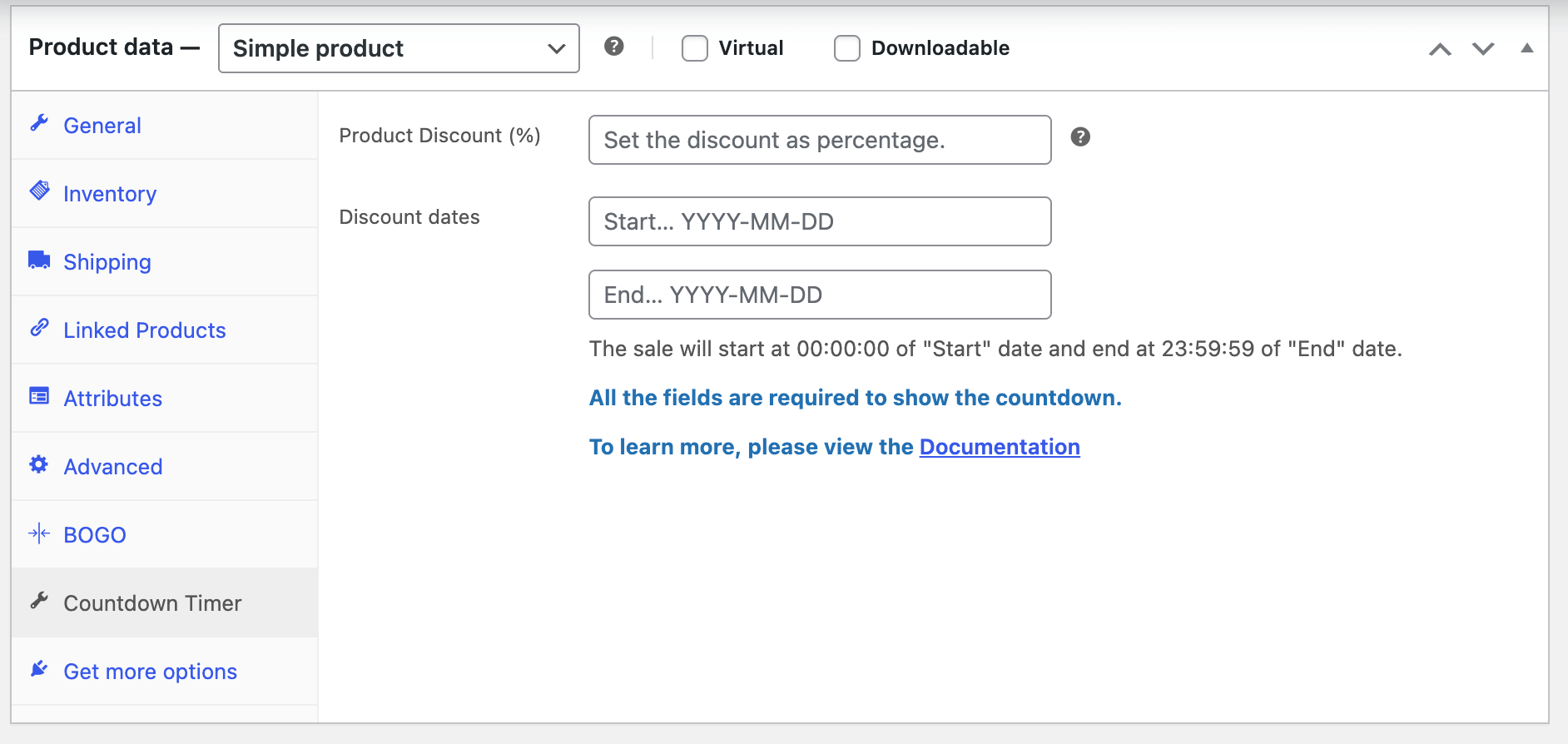 This image shows the Countdown Timer tab in Product Data