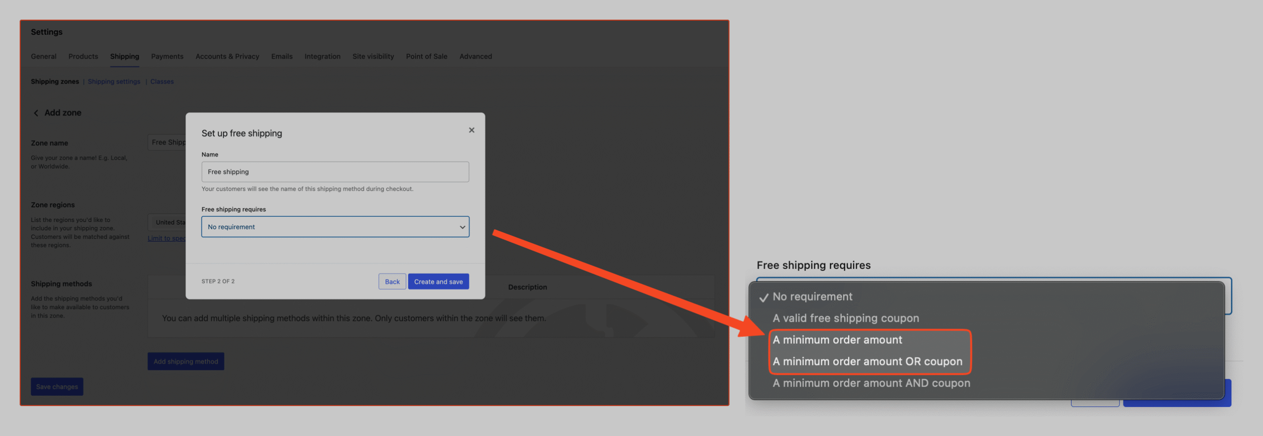 This image shows how to create a cart minimum amount Free Shipping Rule in WooCommerce Shipping settings
