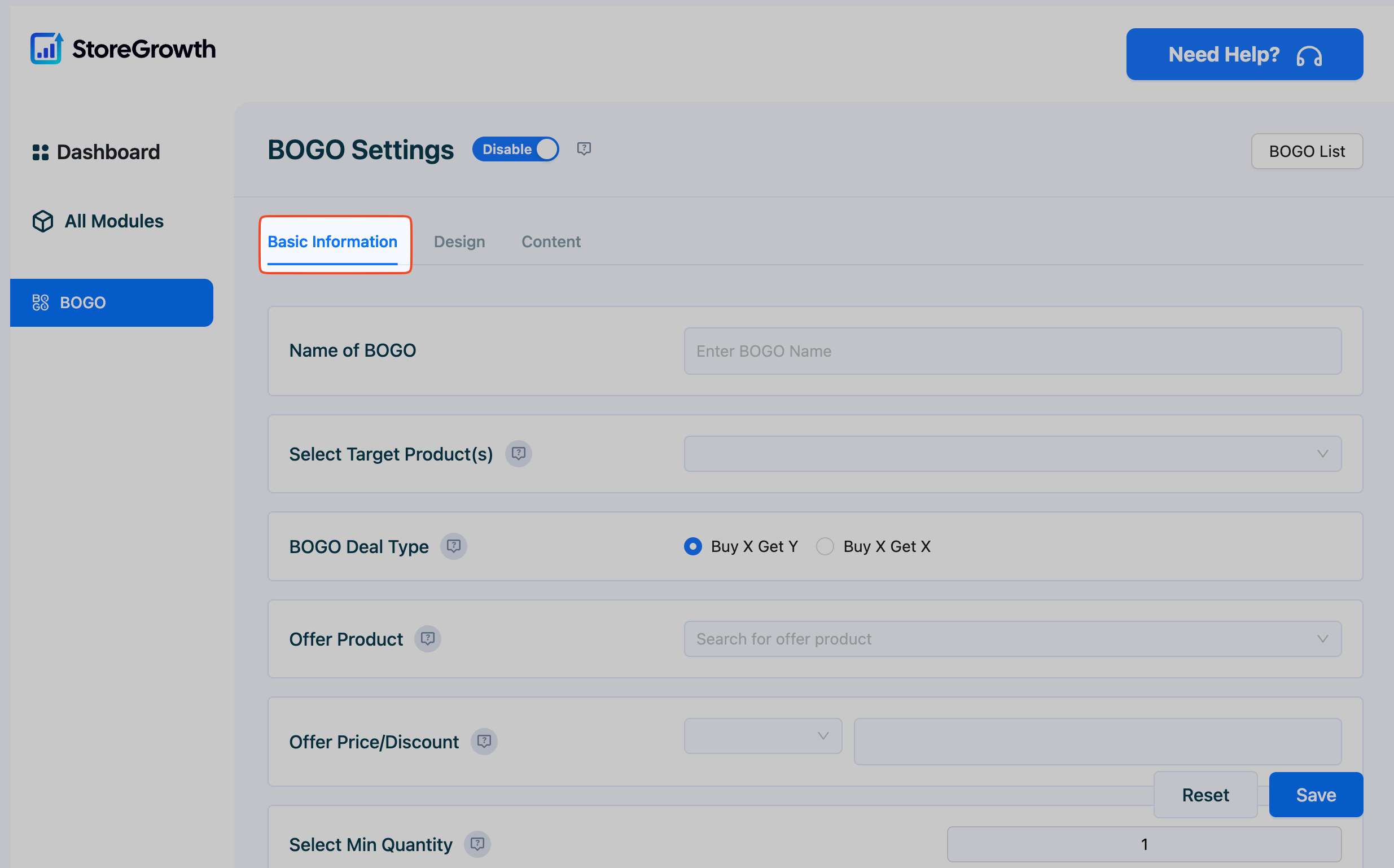 This image shows how to configure the basic information of the BOGO deal