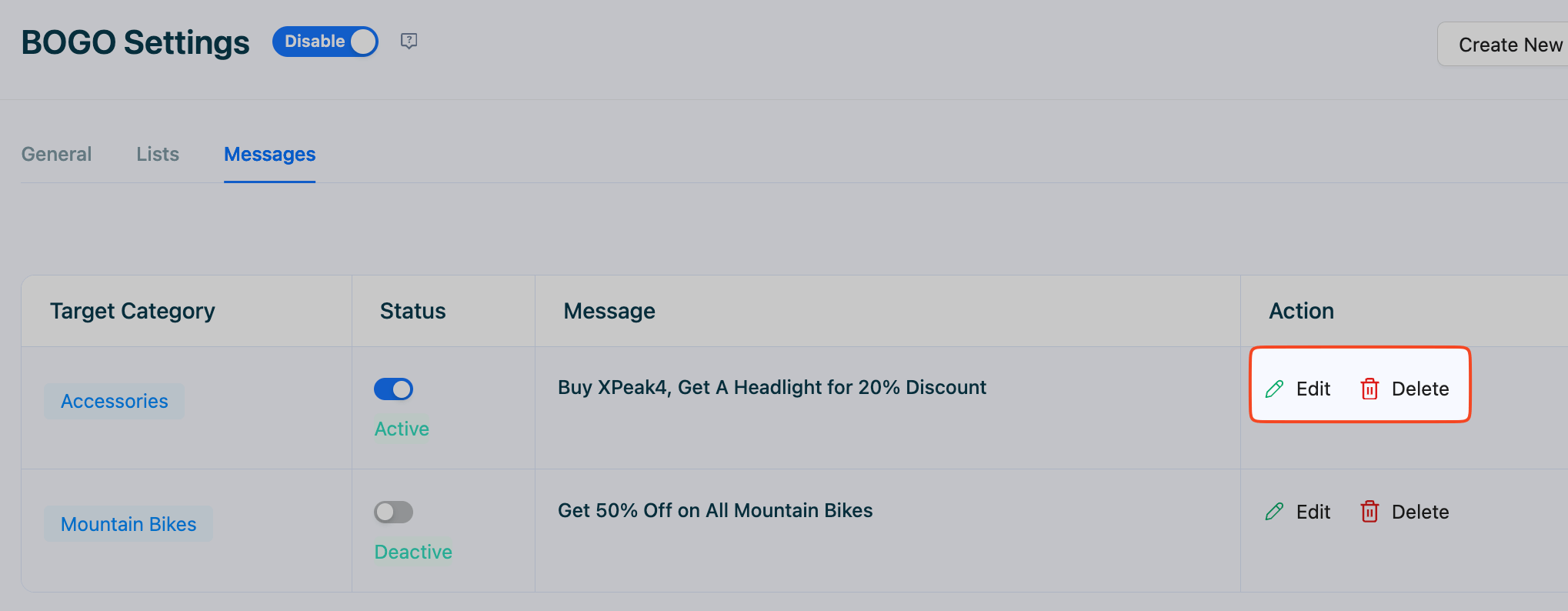 This image shows how to edit or delete the BOGO messages