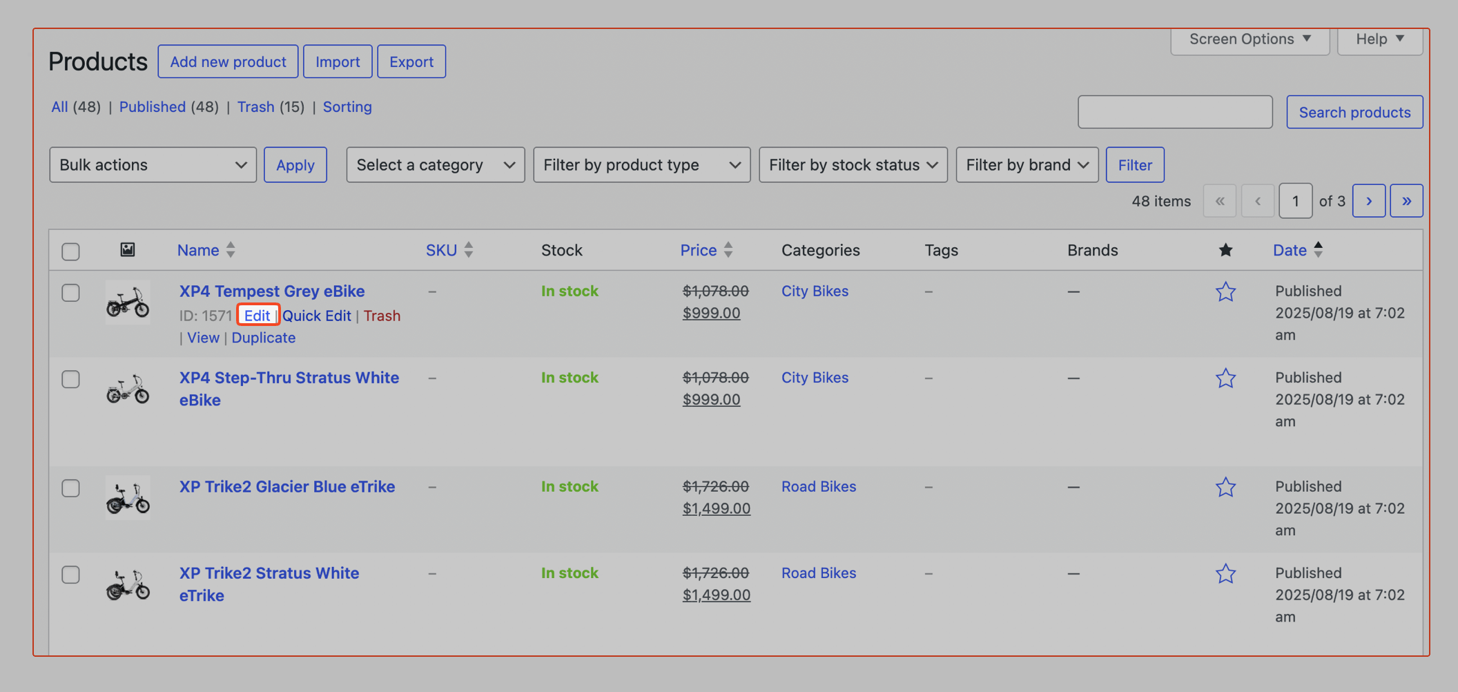 This image shows how to edit a product in WooCommerce products