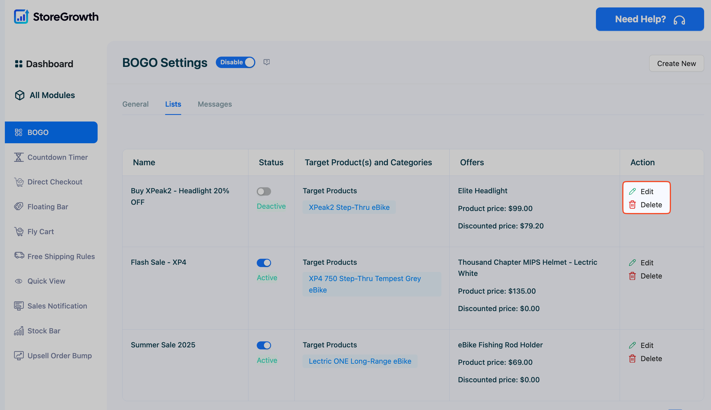 This image shows how to edit or delete a BOGO deal in StoreGrowth