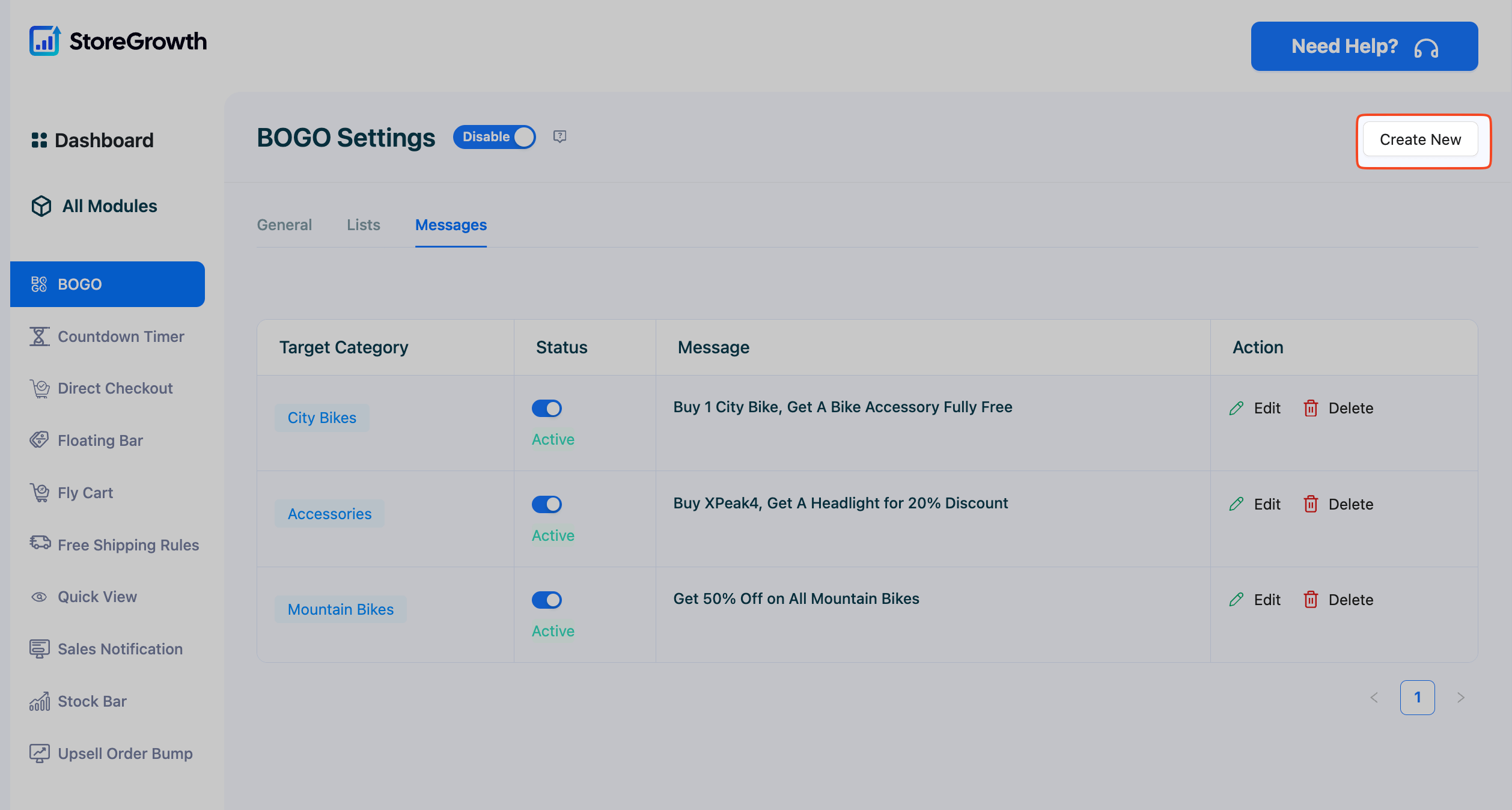 This image shows how to create a new message in BOGO Deal in StoreGrowth
