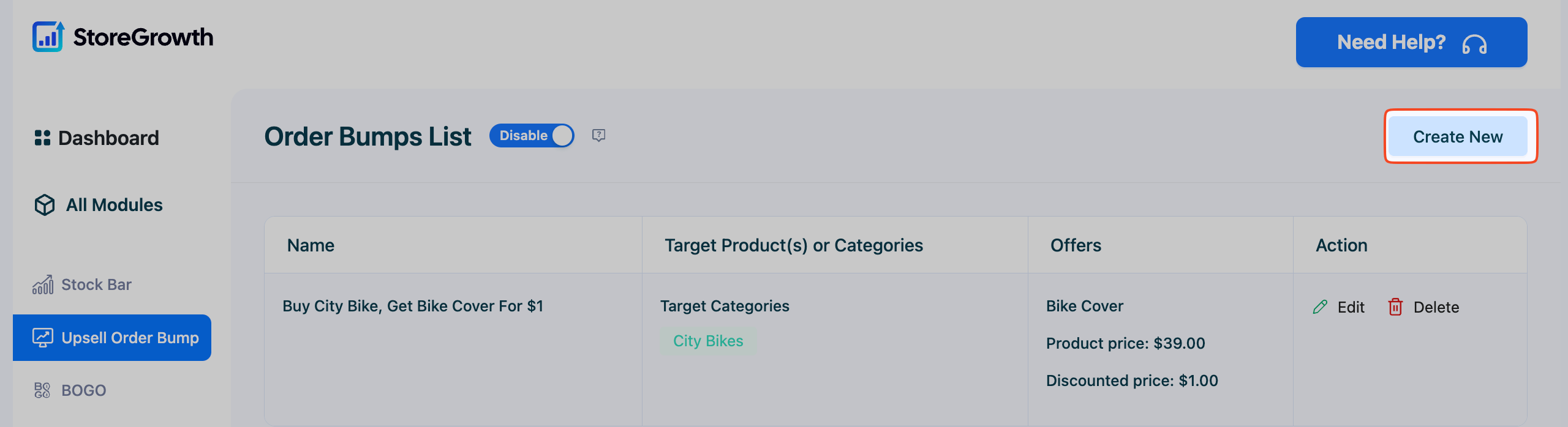 This image shows how to find the Create New Button to create a new upsell order bump