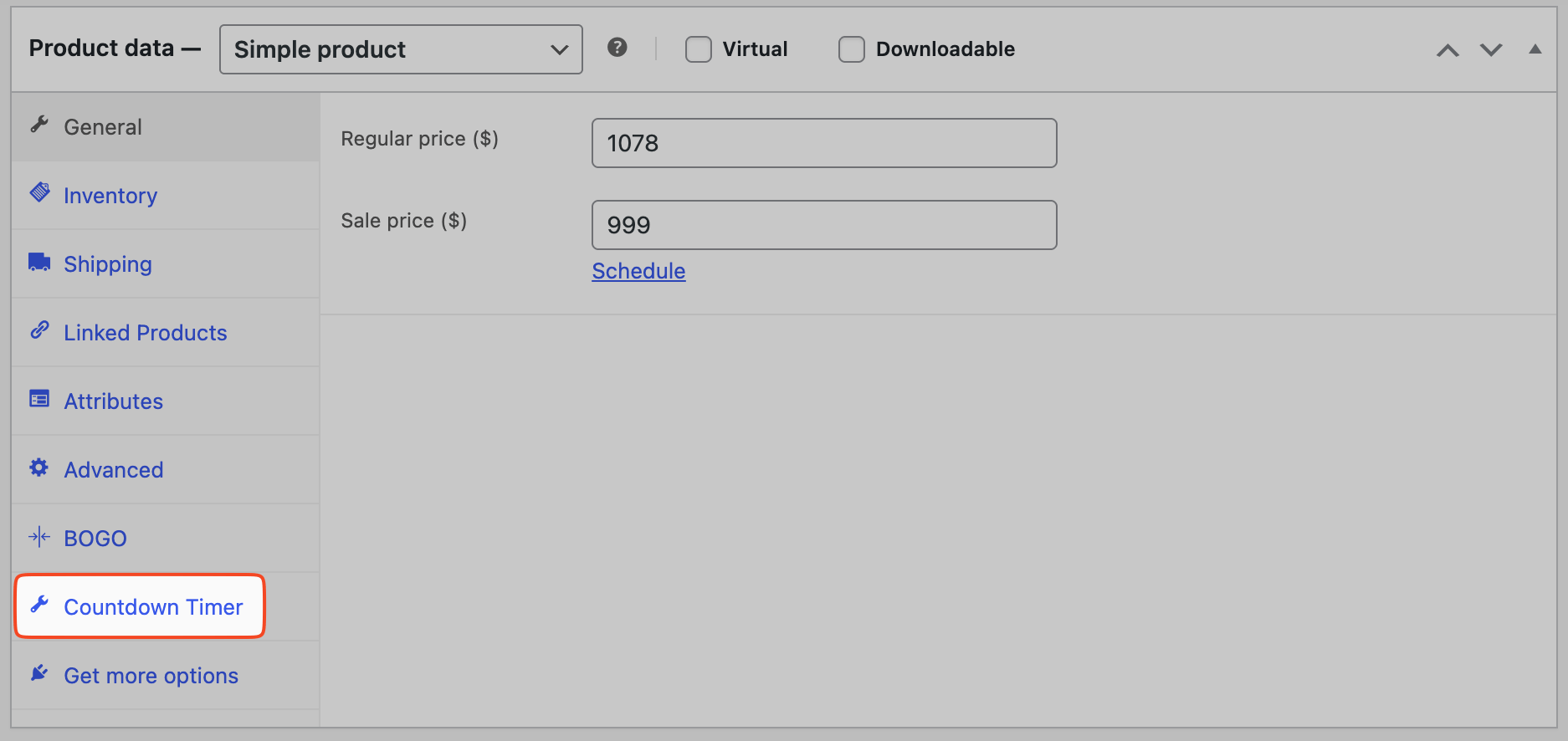 This image shows the WooCommerce Product Data table