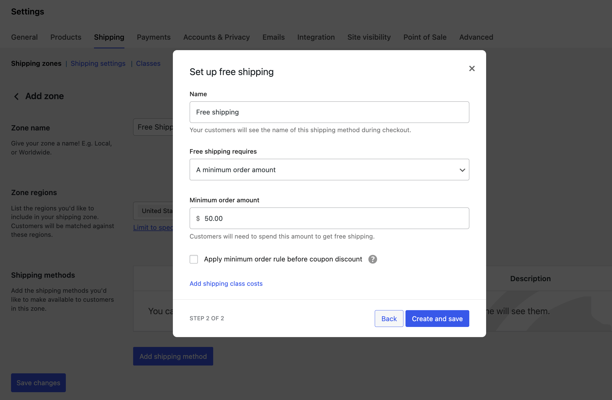 This image shows how to set up Free Shipping zone in WooCommerce