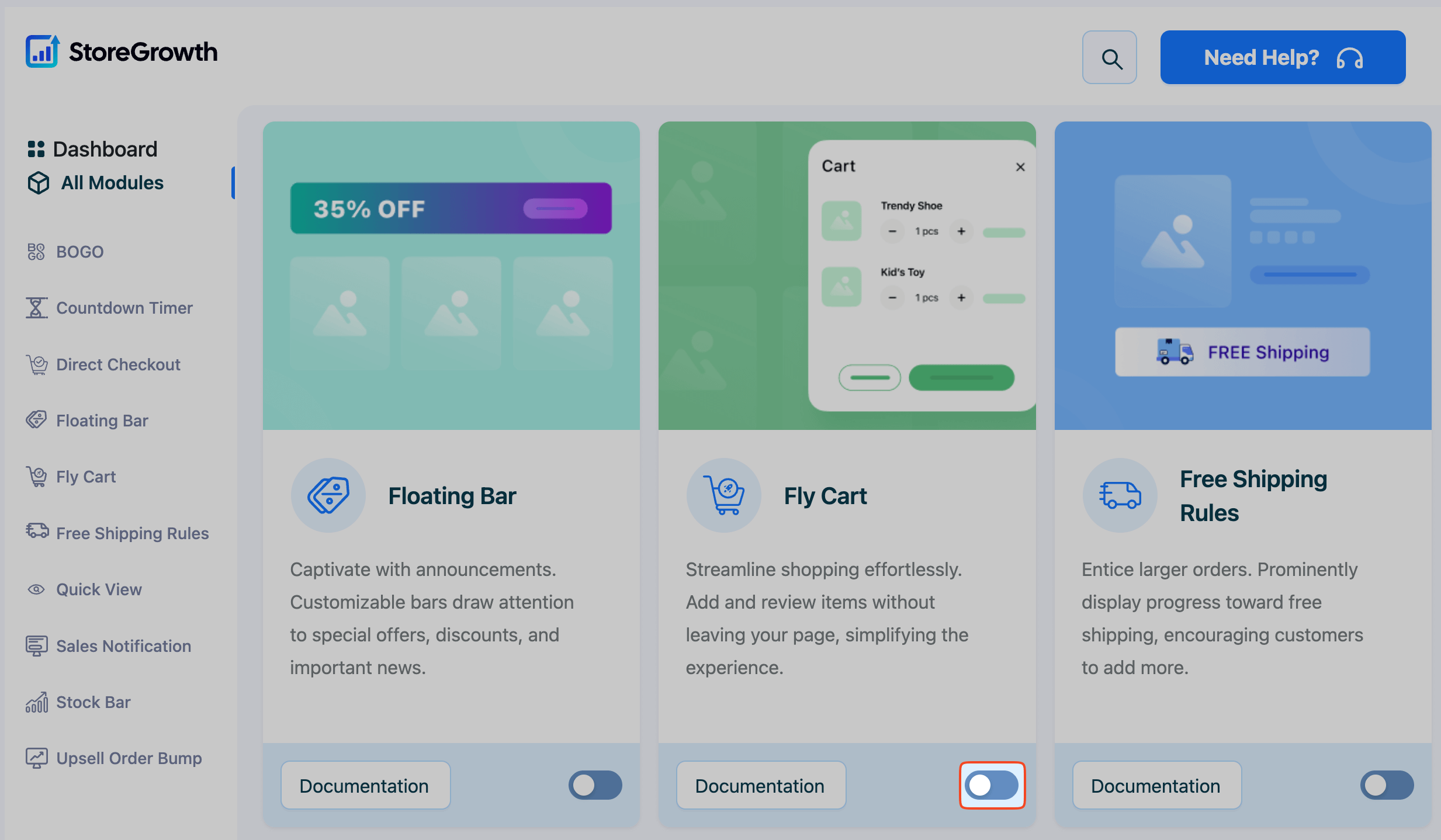 This image shows how to turn on the Fly Cart module in the StoreGrowth Plugin