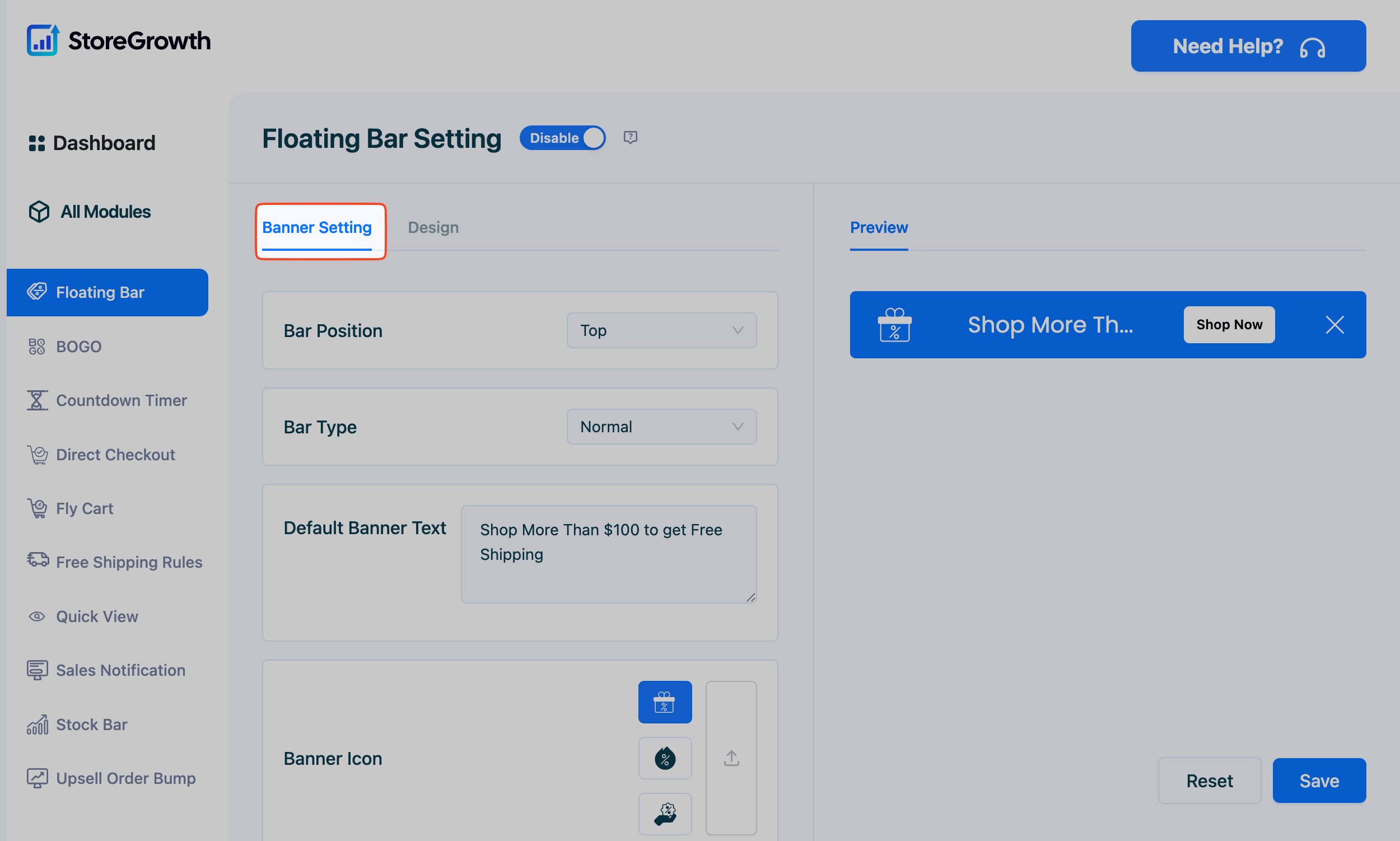 This image shows the Banner Settings in Floating Bar Settings in StoreGrowth