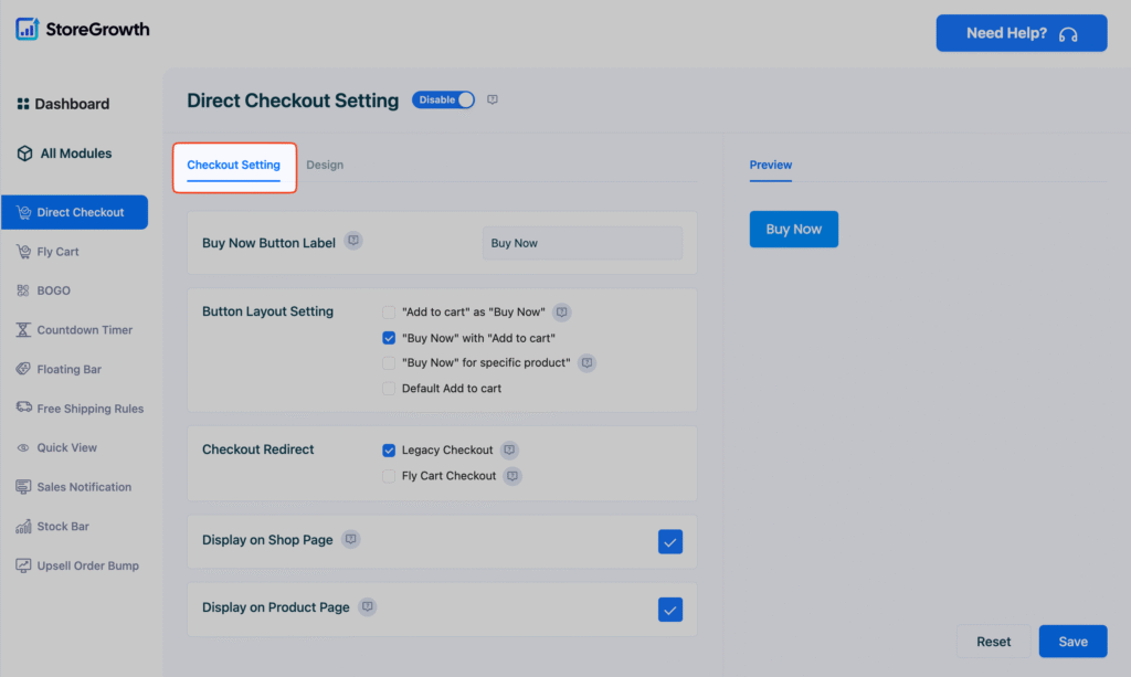 This image shows the Checkout Settings in the Direct Checkout Settings in StoreGrowth