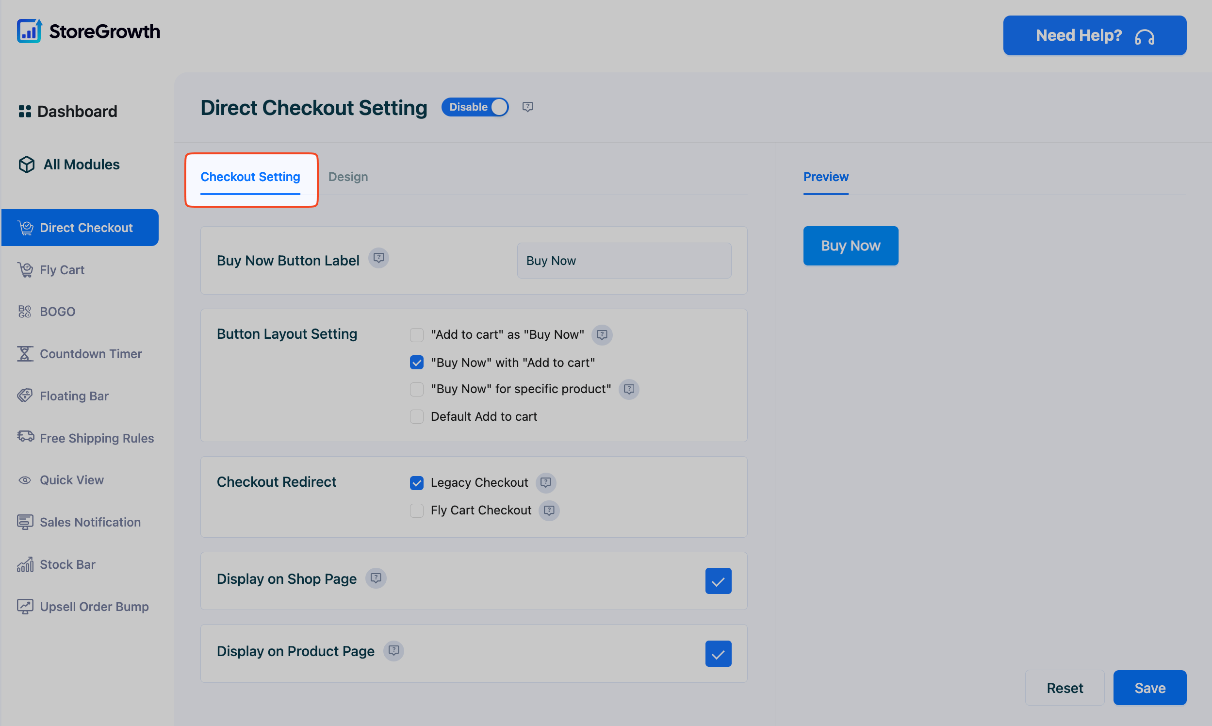This image shows the Checkout Settings in the Direct Checkout Settings in StoreGrowth