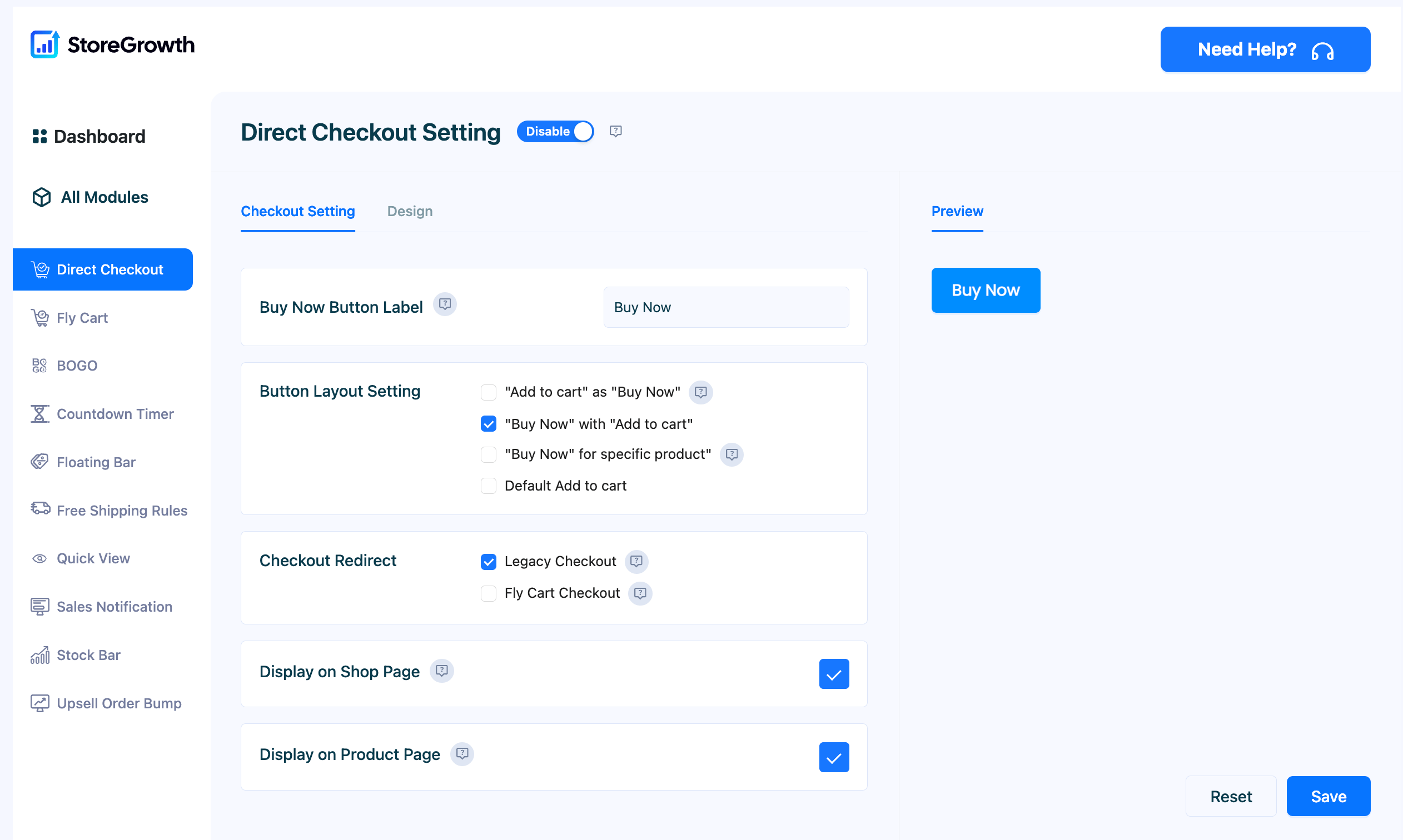 This image shows the Checkout Settings of the Direct Checkout module in StoreGrowth