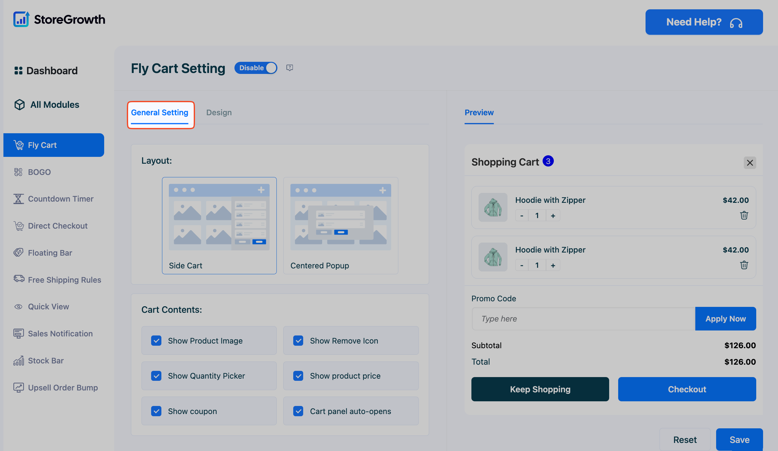 This image shows the General Settings tab of the Fly Cart Settings in StoreGrowth Plugin