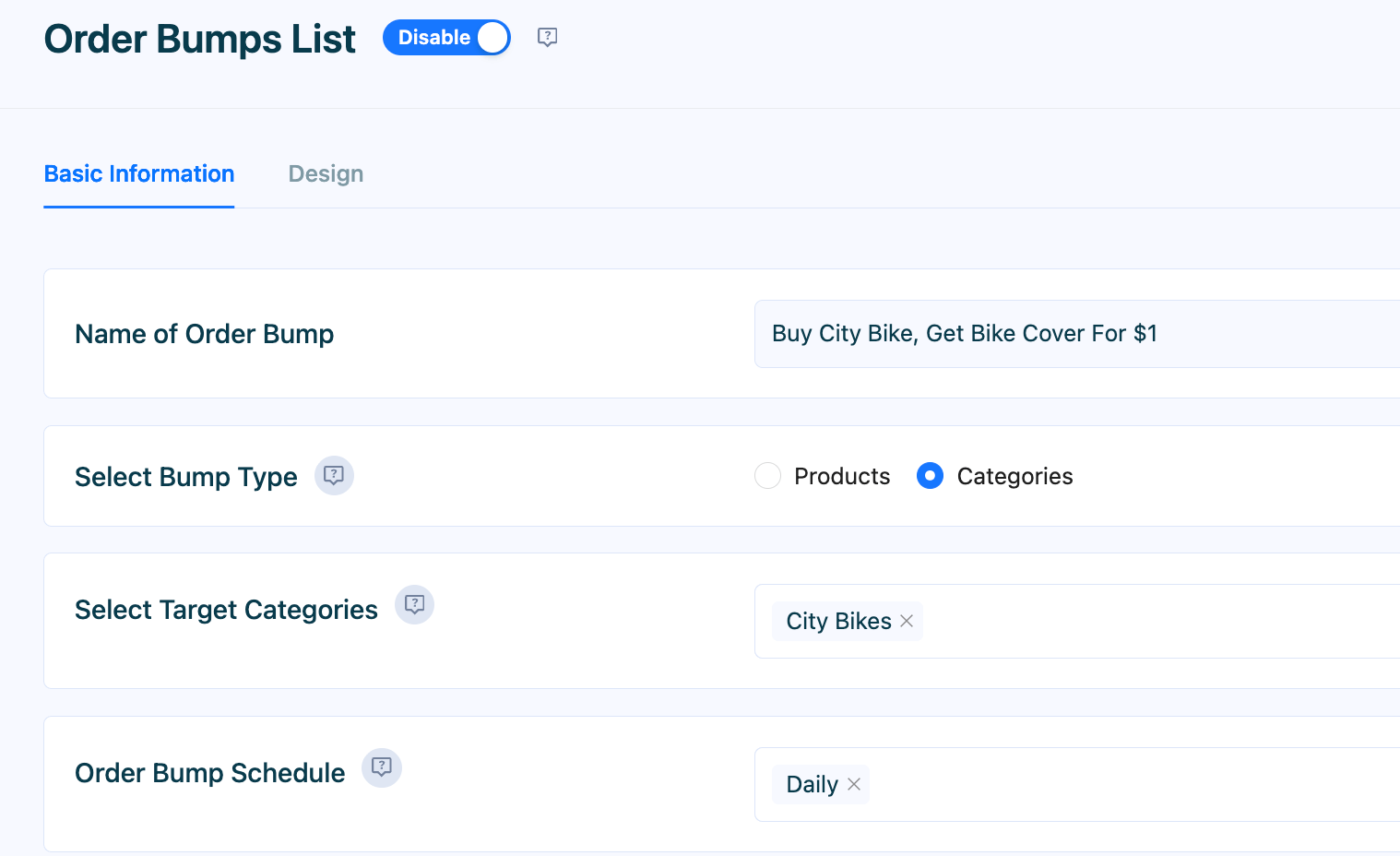 This image shows the Order Bumps list and Basic Information when creating an order bump