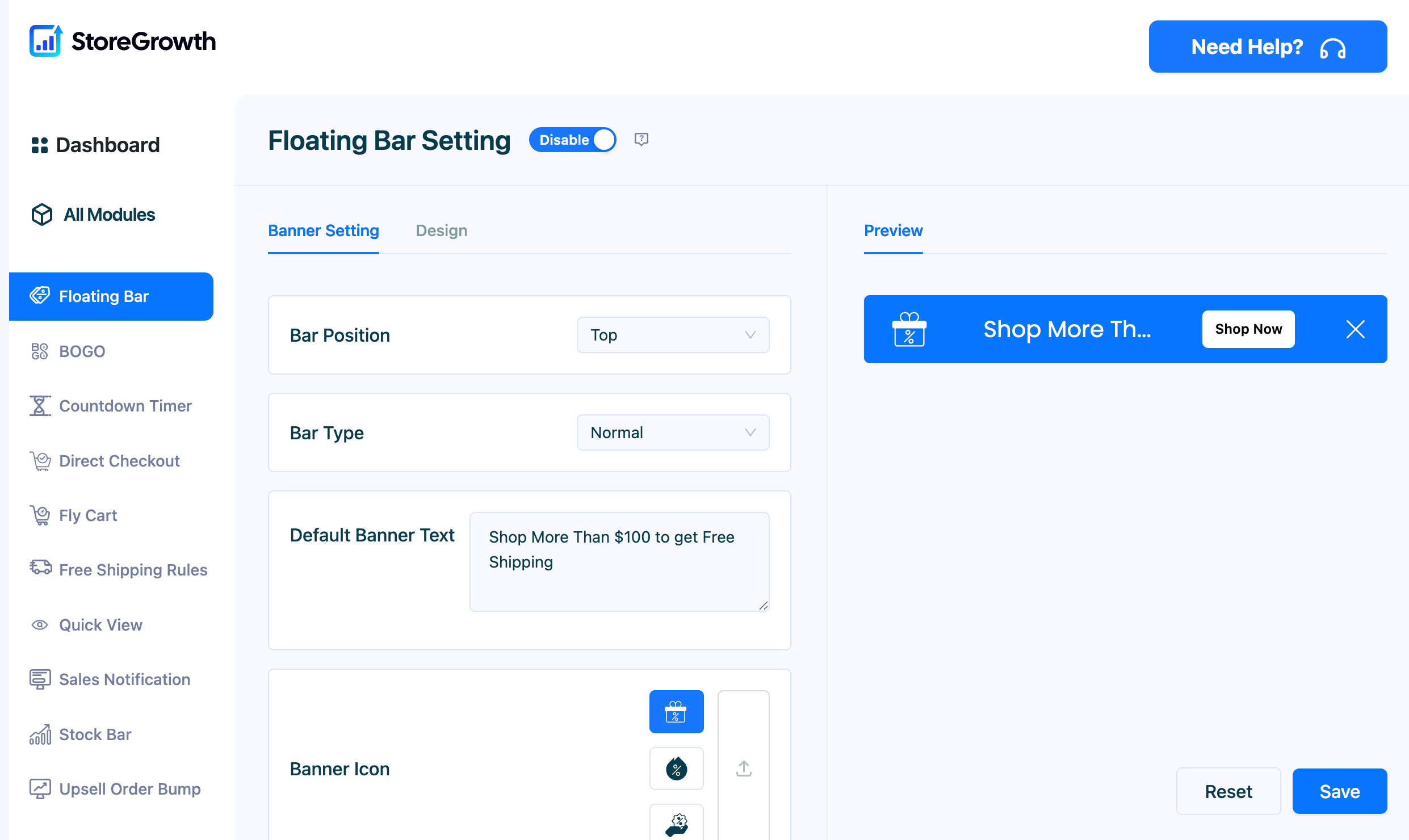 This image shows the Floating Bar module settings in StoreGrowth