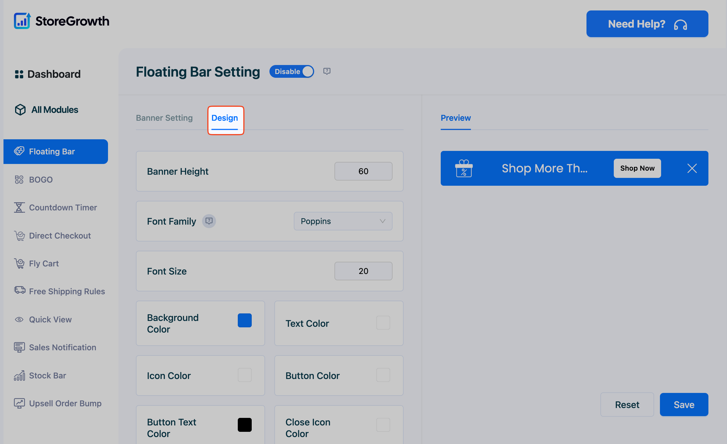 This image shows the Design Customization settings in the Floating Bar Settings in StoreGrowth