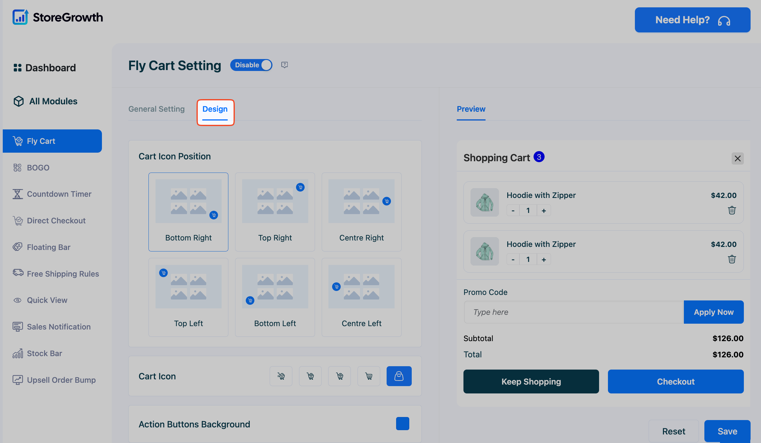 This image shows the Design Customization settings in the Fly Cart Settings in StoreGrowth Plugin