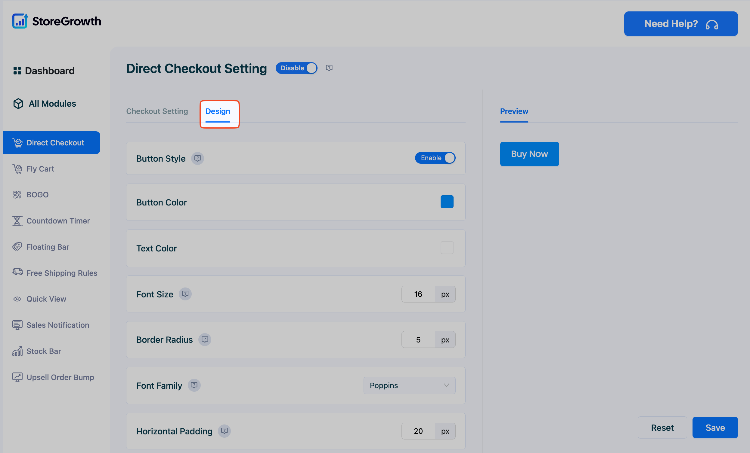 This image shows the Design Customization settings of the Direct Checkout Module of StoreGrowth