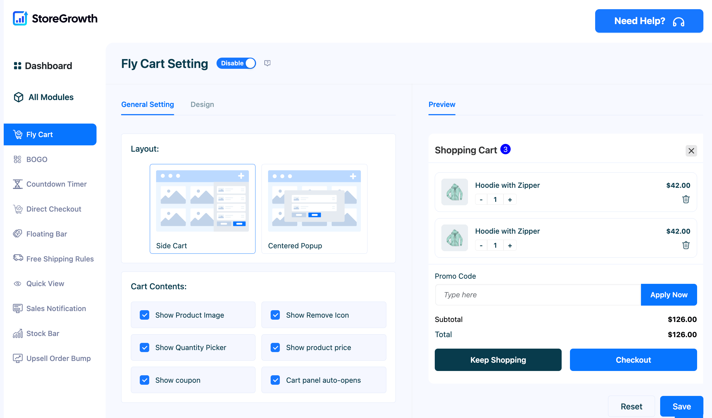 This image shows the settings page of Fly Cart module in StoreGrowth