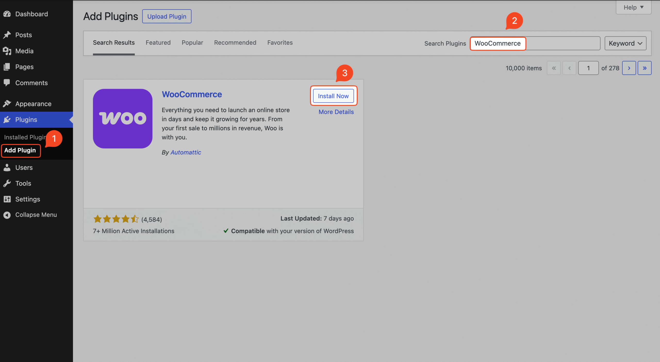 This image shows how to install WooCommerce plugin