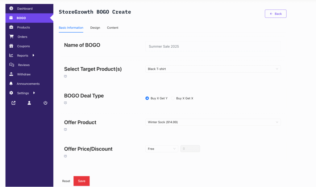 This image shows how to configure a BOGO deal from Dokan vendor dashboard