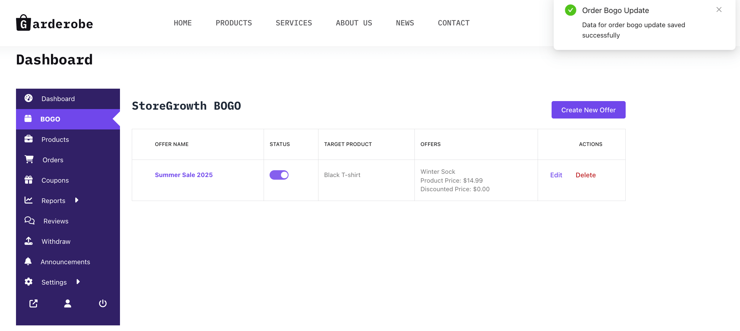 This image shows the BOGO menu within the Dokan Vendor dashboard.