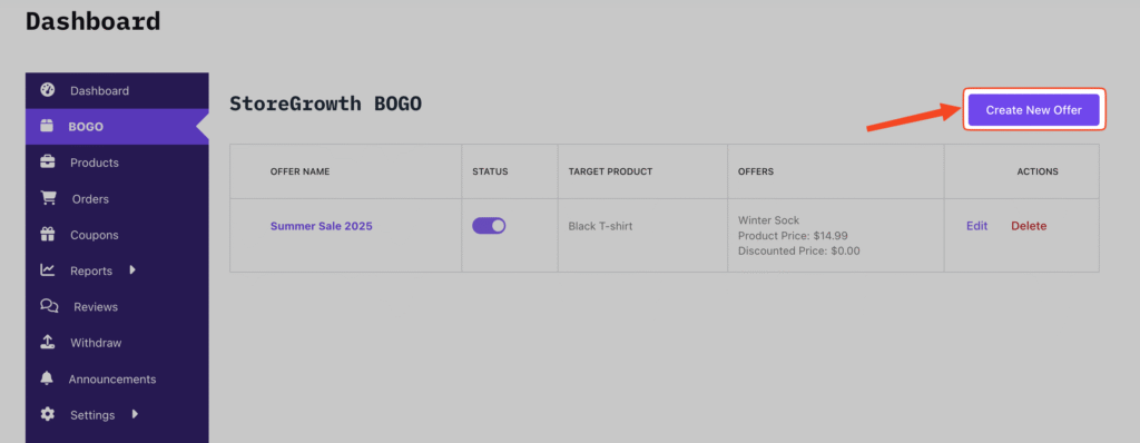 This image highlights the Create New Offer button in the Vendor Dashboard of Dokan