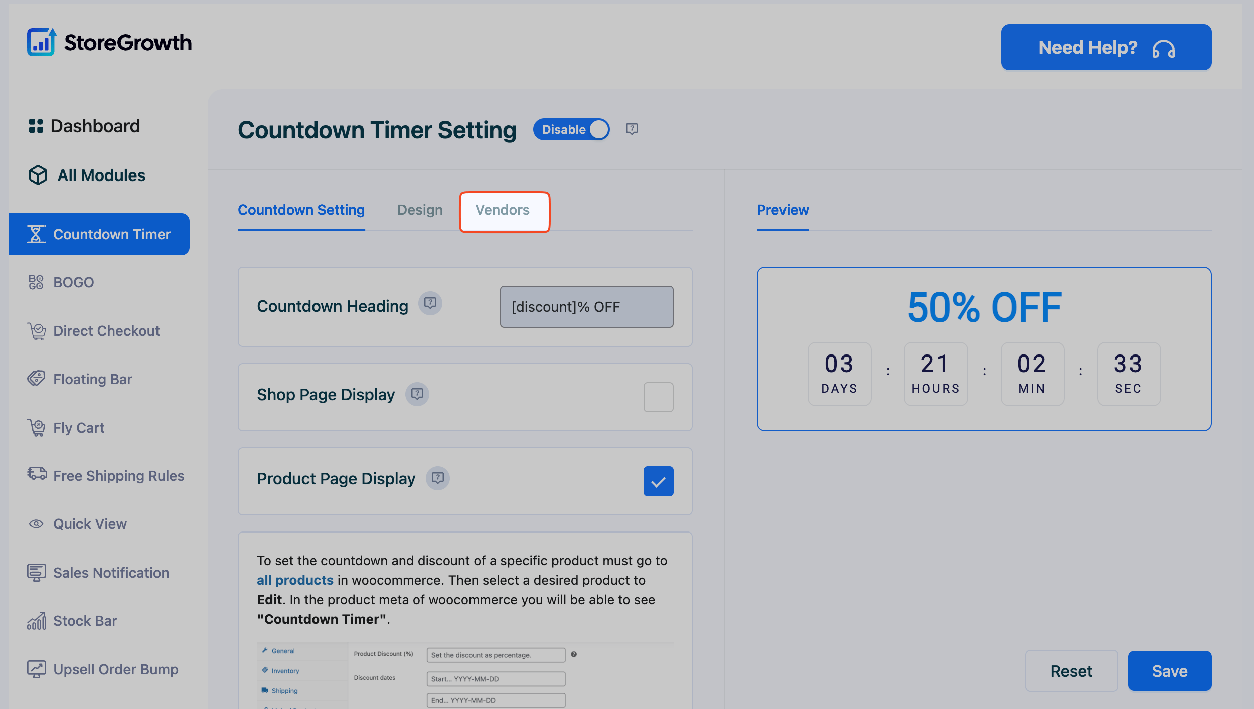 This image highlights the vendors tab in Countdown Settings in StoreGrowth