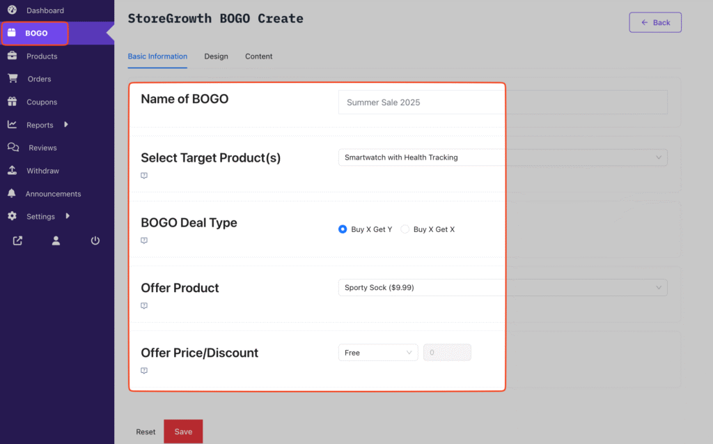 This image highlights the BOGO menu from the Dokan Vendor Dashboard