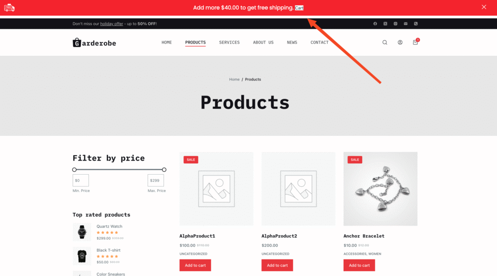 This image highlights the FREE Shipping bar in the StoreFront